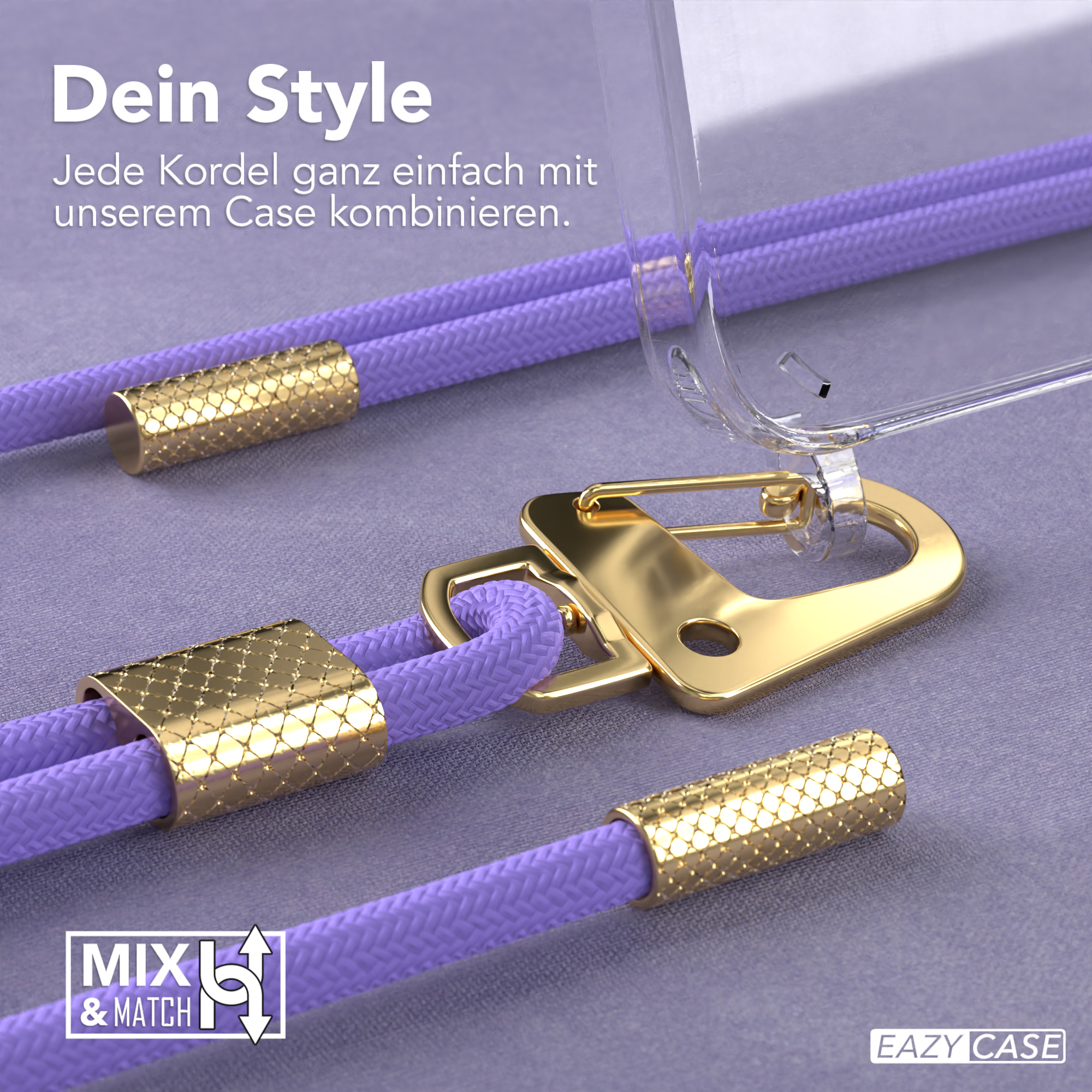 Nahaufnahme der Handyhülle mit lila Kordeln und goldenen Aufsätzen. Text: 'Dein Stil'.