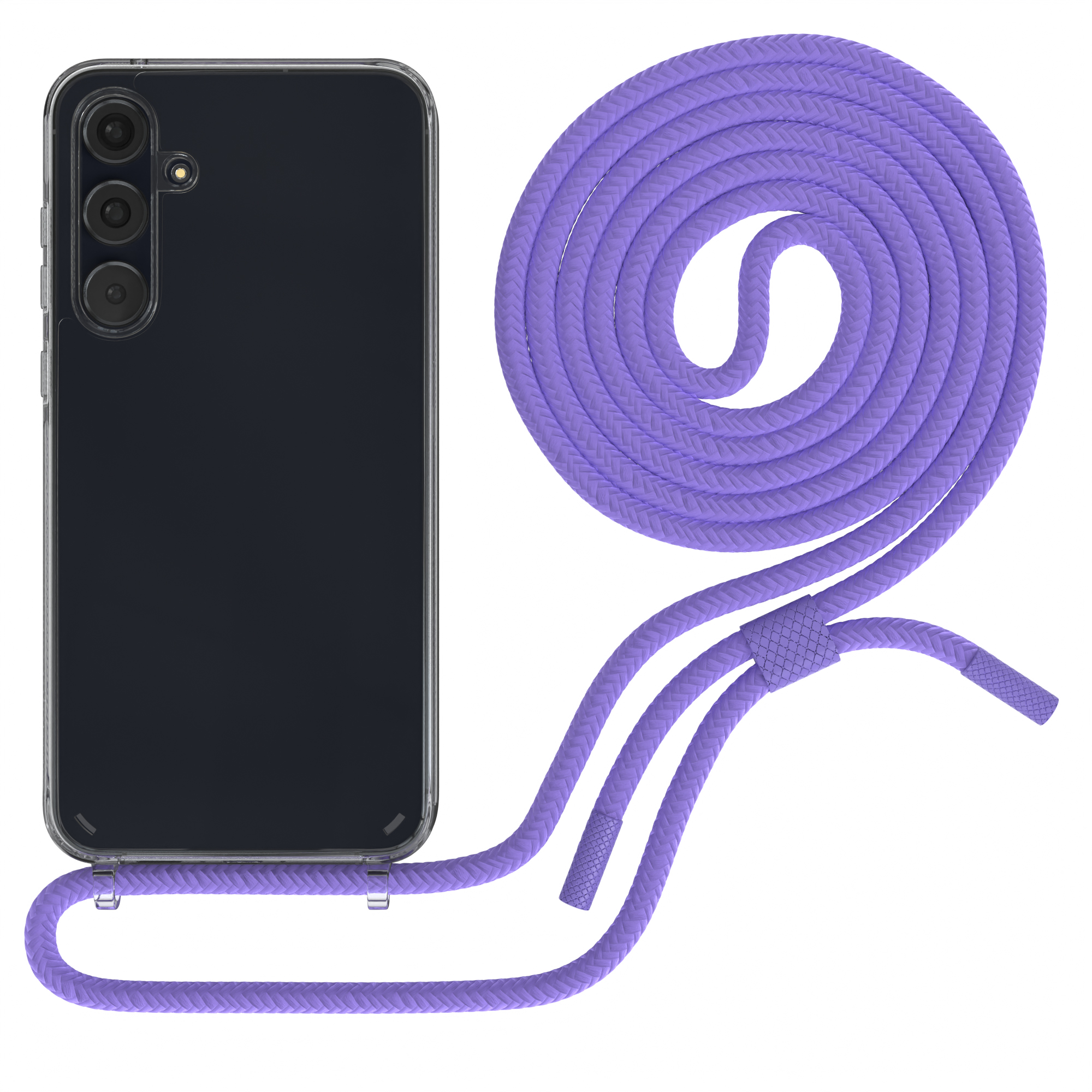 Transparente Handyhülle mit lila Schlüsselband. Das Telefon ist schwarz. Das Schlüsselband ist geflochten.