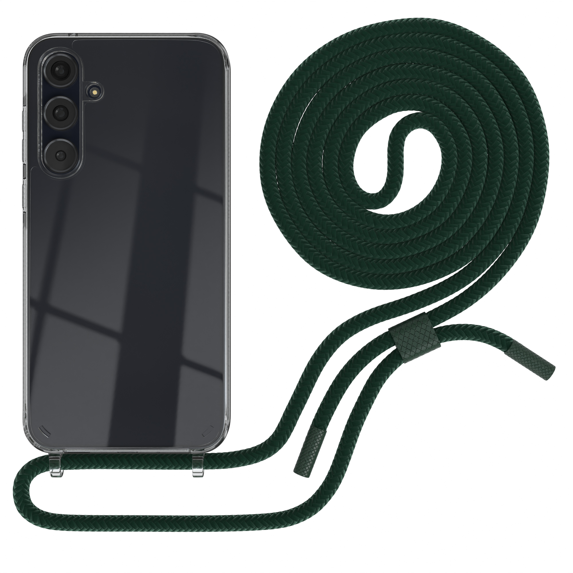 Transparente Handyhülle mit dunkelgrünem Riemen. Telefon ist schwarz. Gurt ist dick und gewellt.