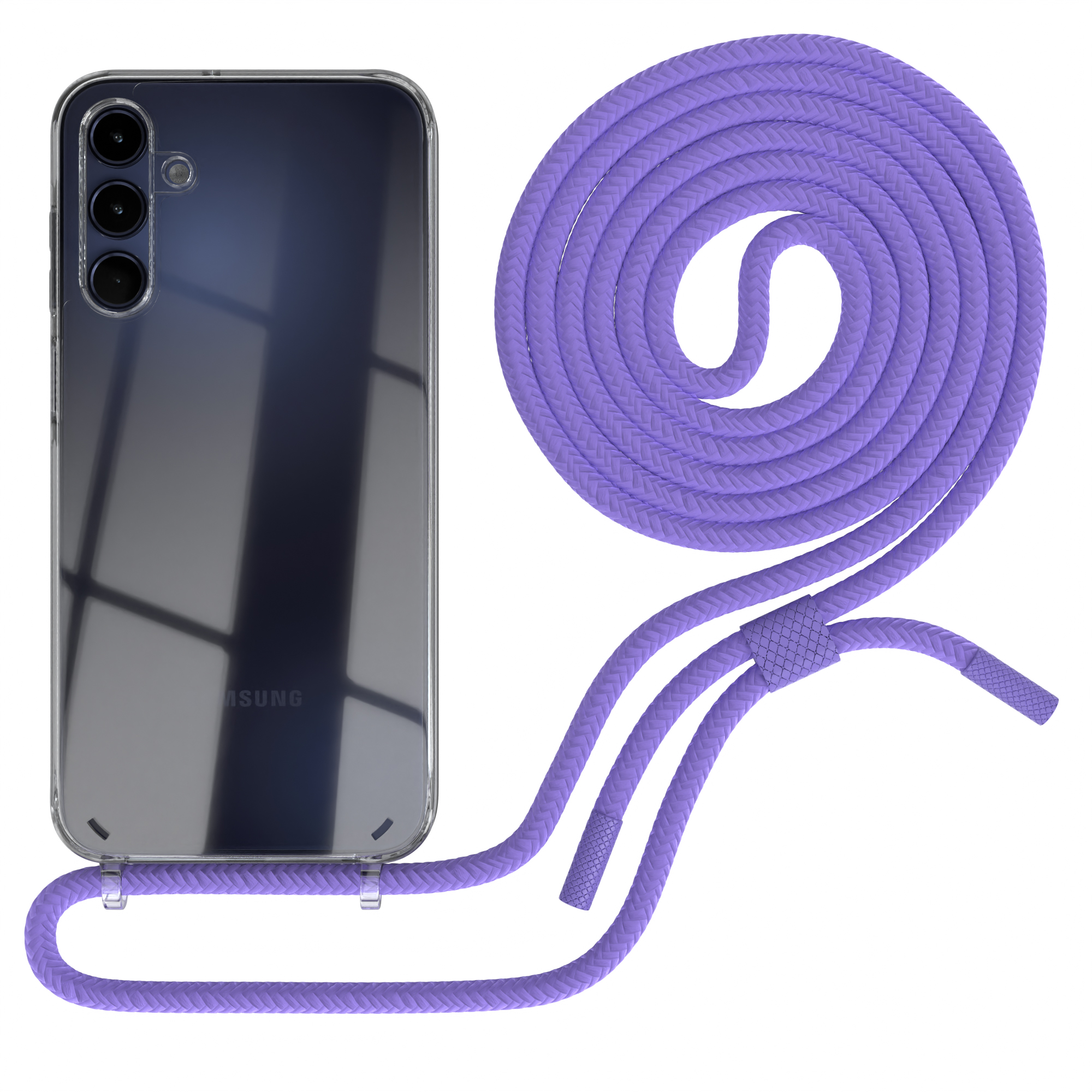 Transparente Handyhülle mit lila Kordel. Telefon links, Kordel rechts aufgerollt.