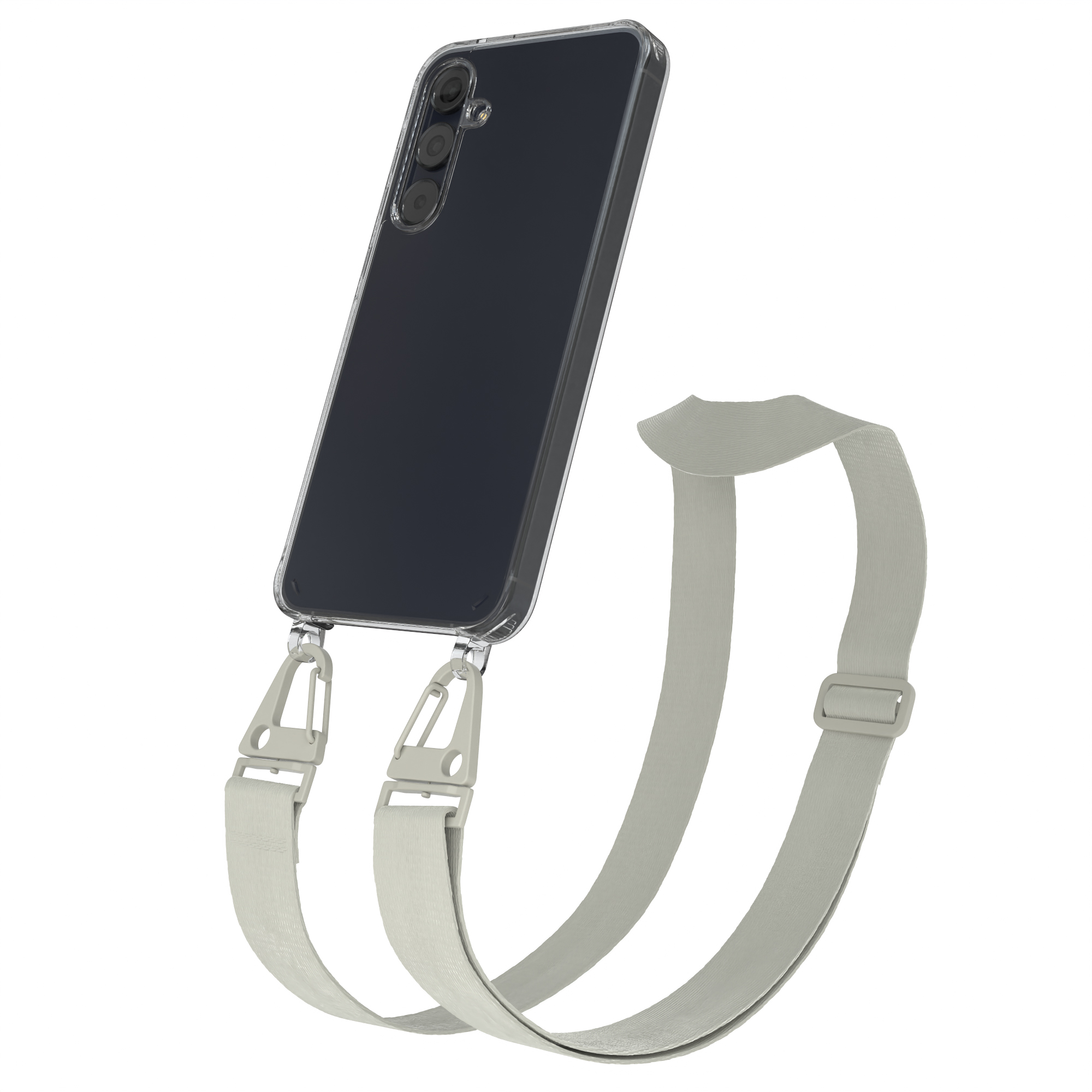 Ein schwarzes Telefon mit durchsichtiger Hülle und hellgrauem Riemen. Das Telefon hängt. Weißer Hintergrund.