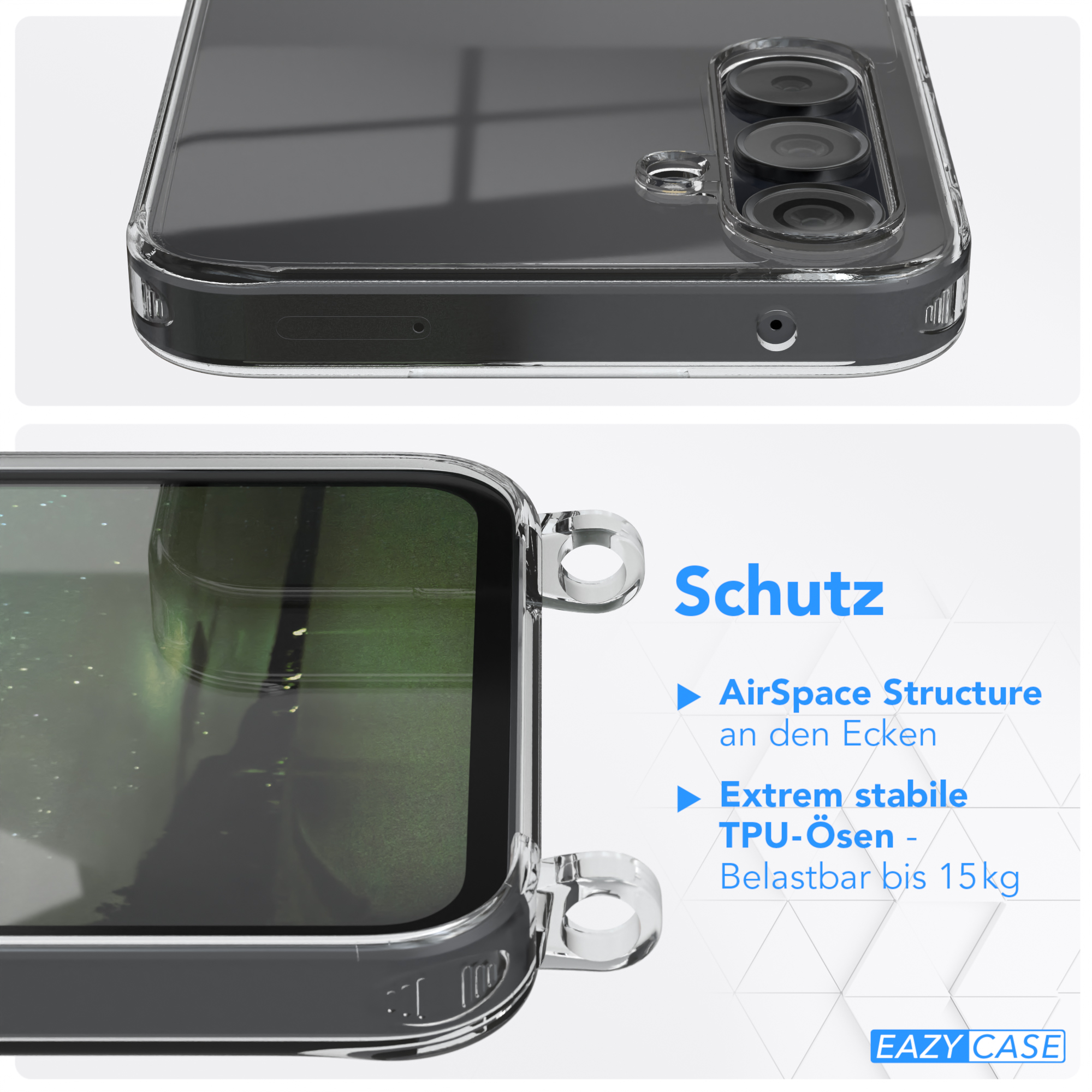 Nahaufnahme einer Handyhülle mit AirSpace Structure Schutz an den Ecken.