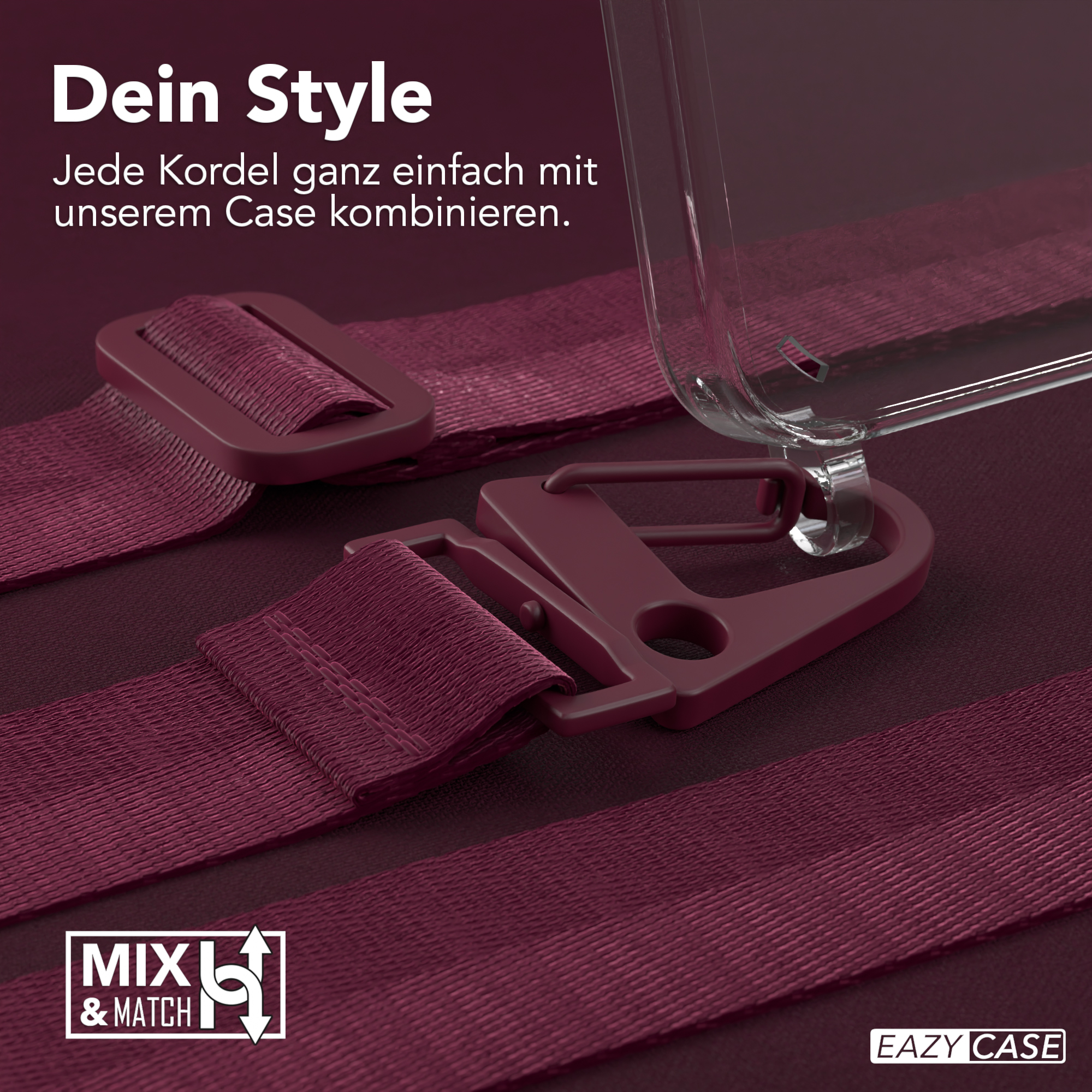 Nahaufnahme einer transparenten Handyhülle mit weinroten Riemen und Verschlüssen. Hintergrund weinrot.