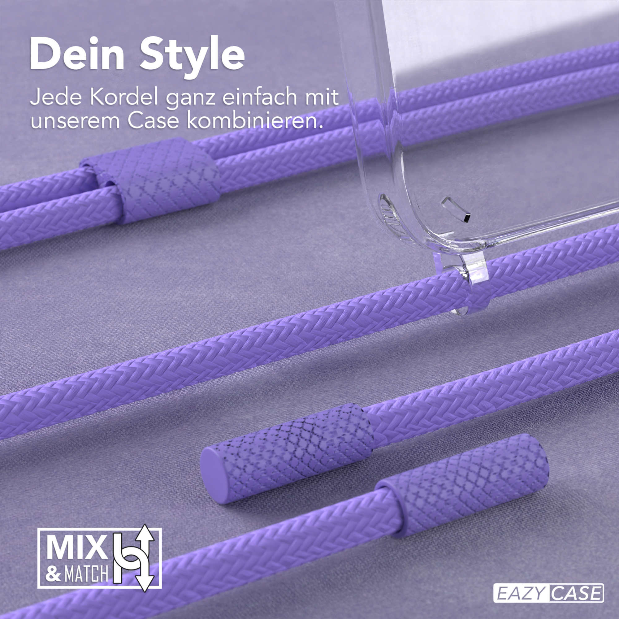 Lila Schnüre und eine transparente Handyhülle, die das 