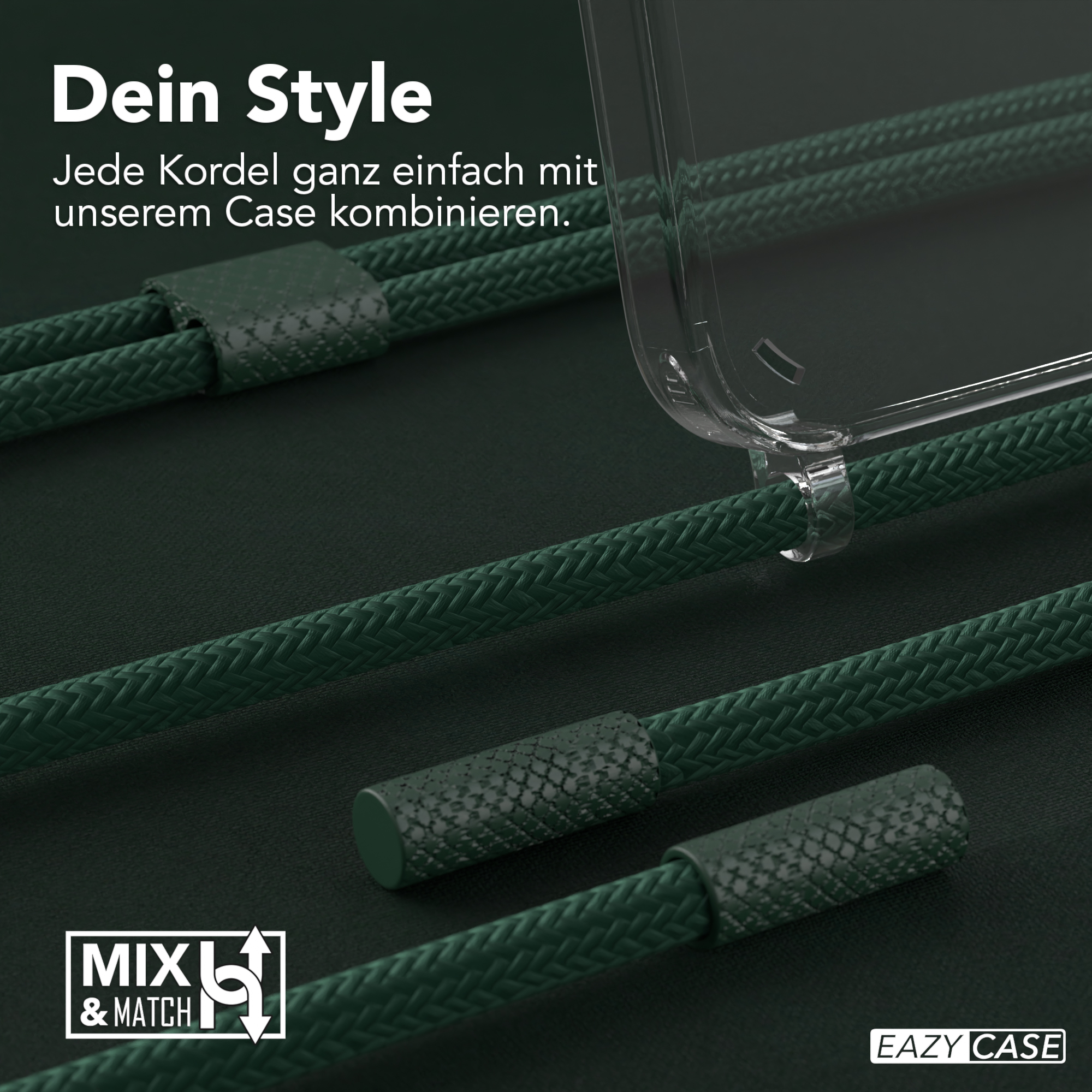 Grüne Schnüre mit einer durchsichtigen Handyhülle. Der Text lautet: 'Dein Style' und 'MXL & MATCH'.