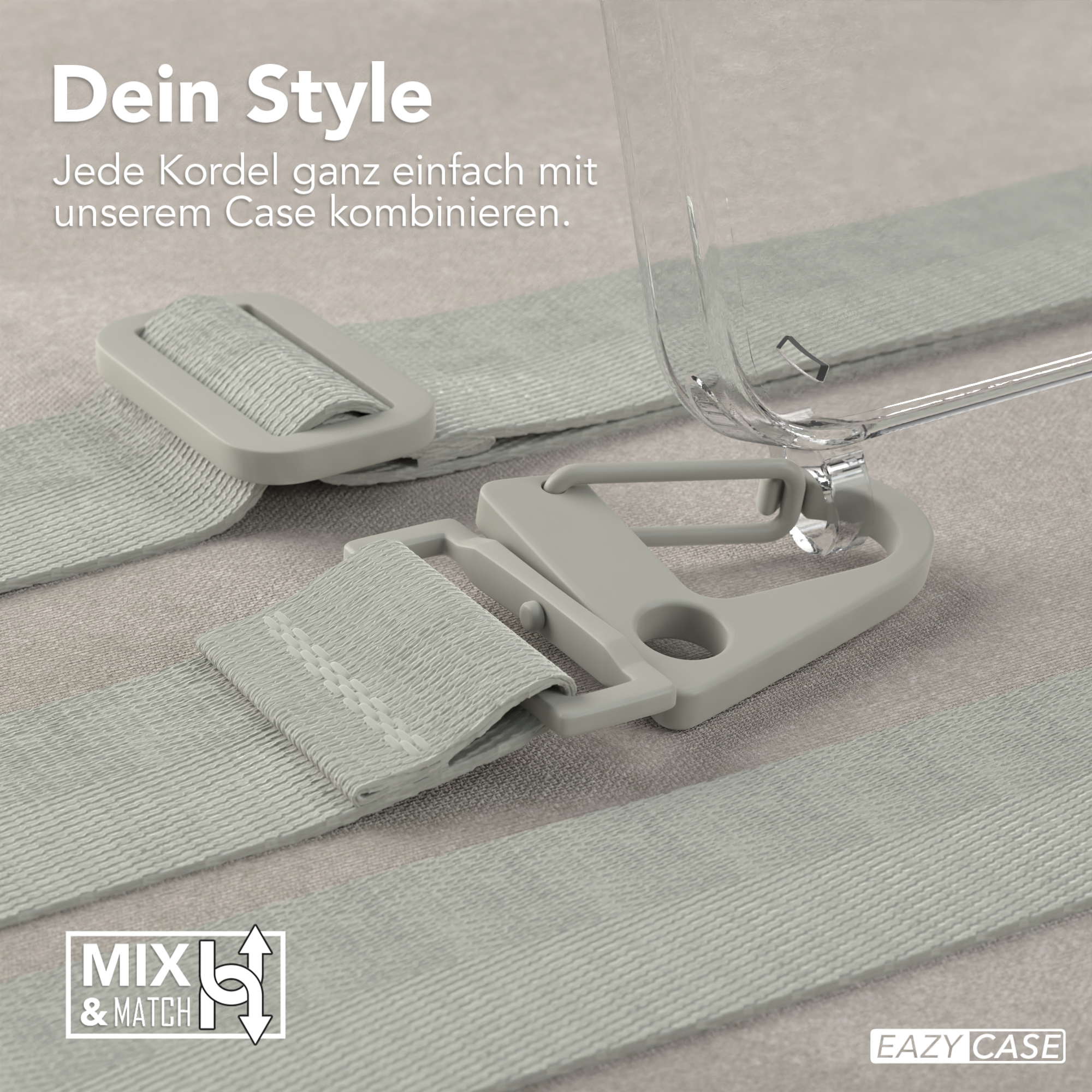 Nahaufnahme einer transparenten Handyhülle mit befestigten Riemen und Text.
