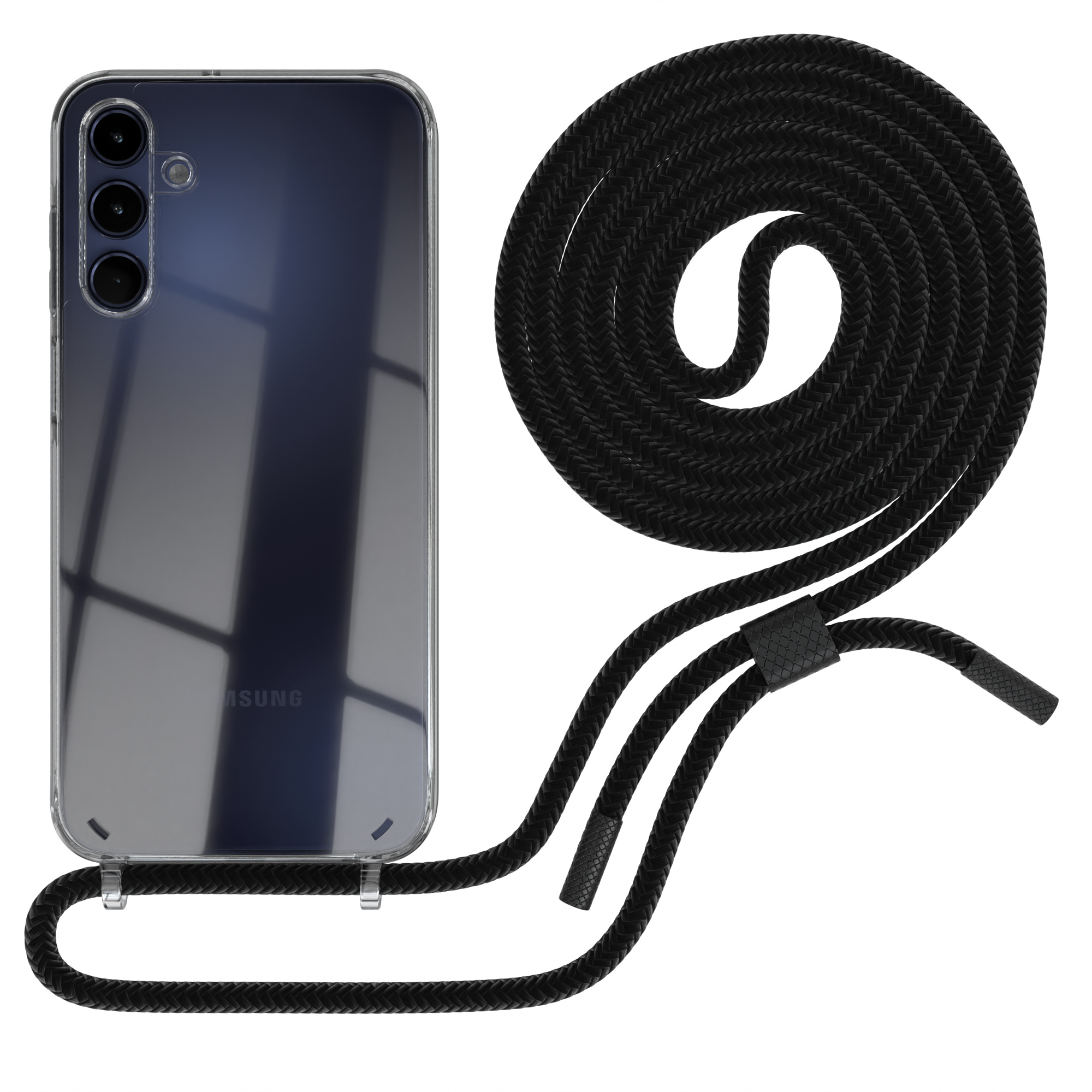 Telefon mit transparentem Case und schwarzem Umhängeband. Weißer Hintergrund.