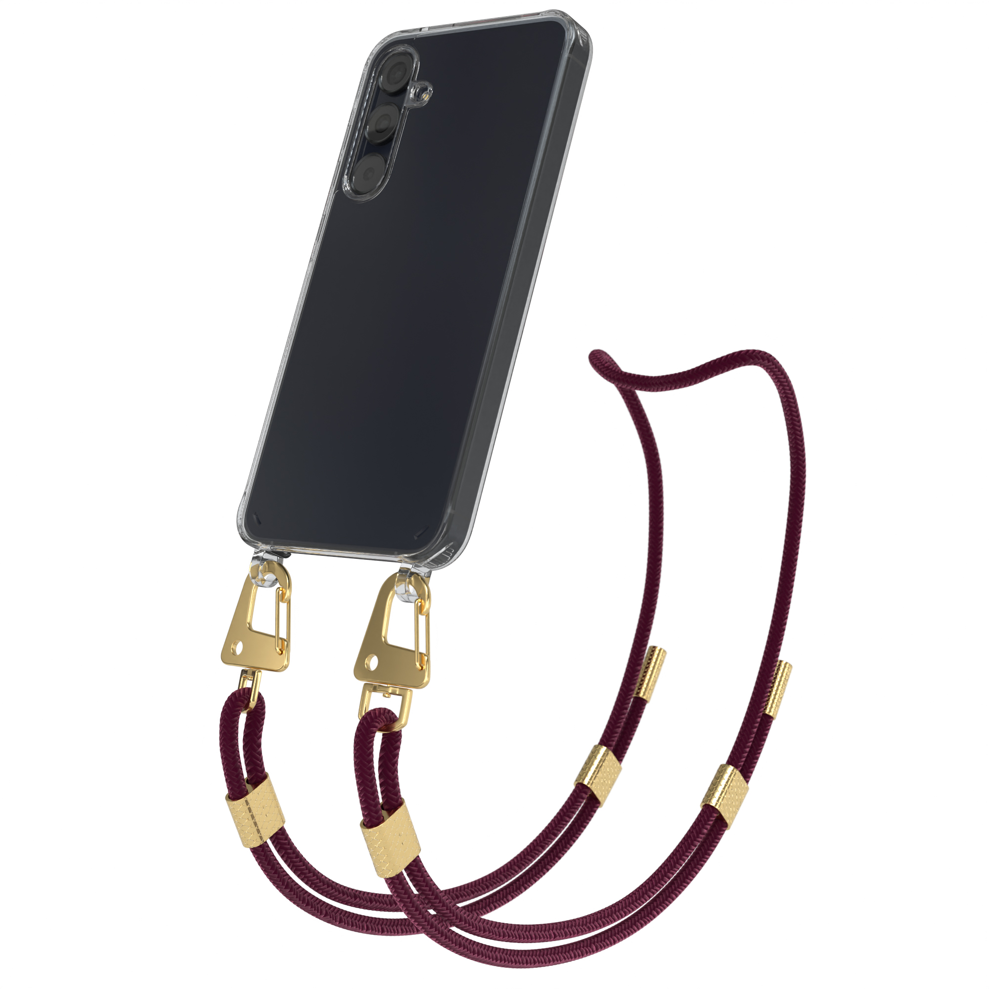 Schwarze Handyhülle mit bordeauxfarbener Kordel. Das Telefon ist sichtbar.
