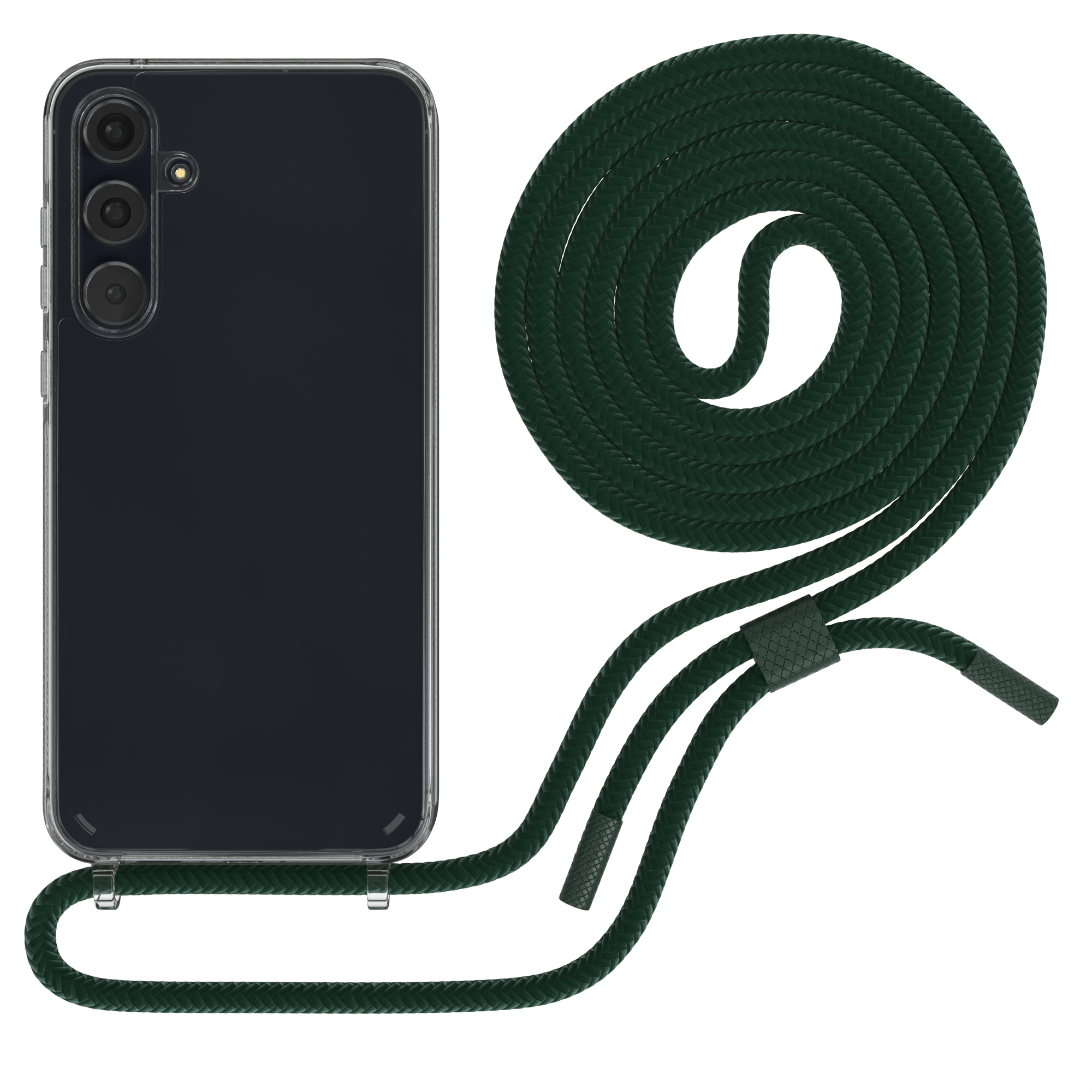 Ein schwarzes Telefon in einer durchsichtigen Hülle mit einem grünen Seil. Das Seil ist aufgerollt und hat einen Clip.