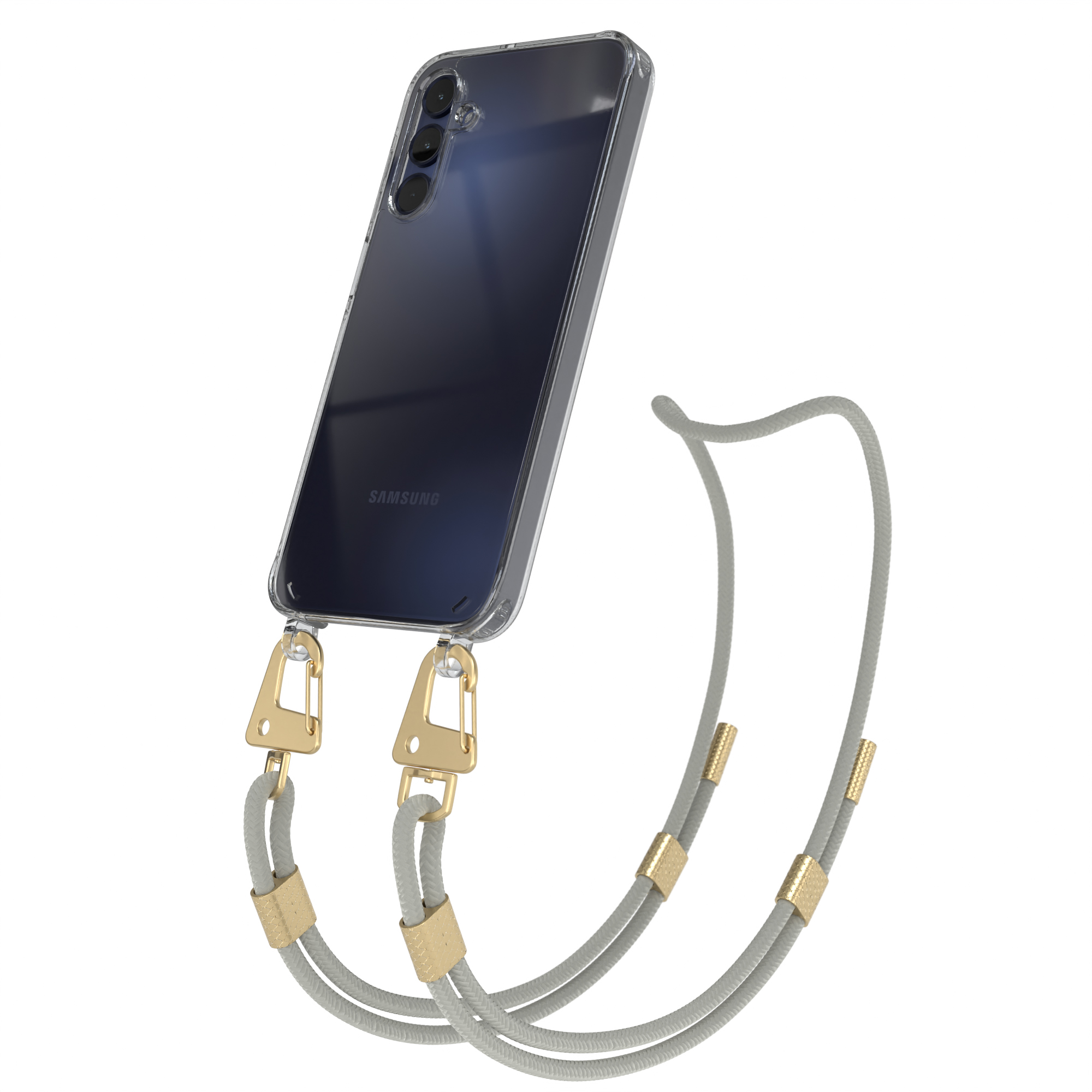 Klare Handyhülle mit grauem Riemen, goldene Verschlüsse. Telefon ist sichtbar.