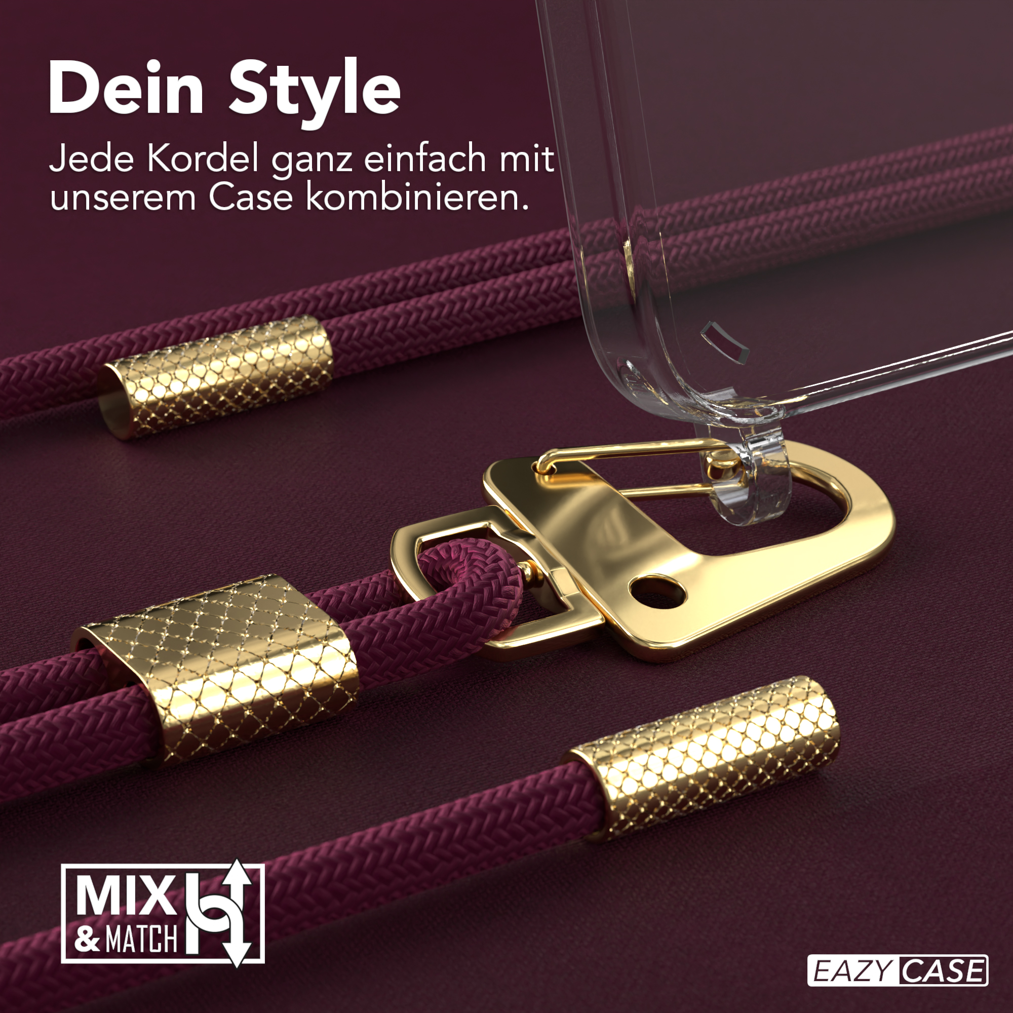 Nahaufnahme einer Handyhülle mit einem Schlüsselband. Goldene Details und bordeauxfarbene Kordel.