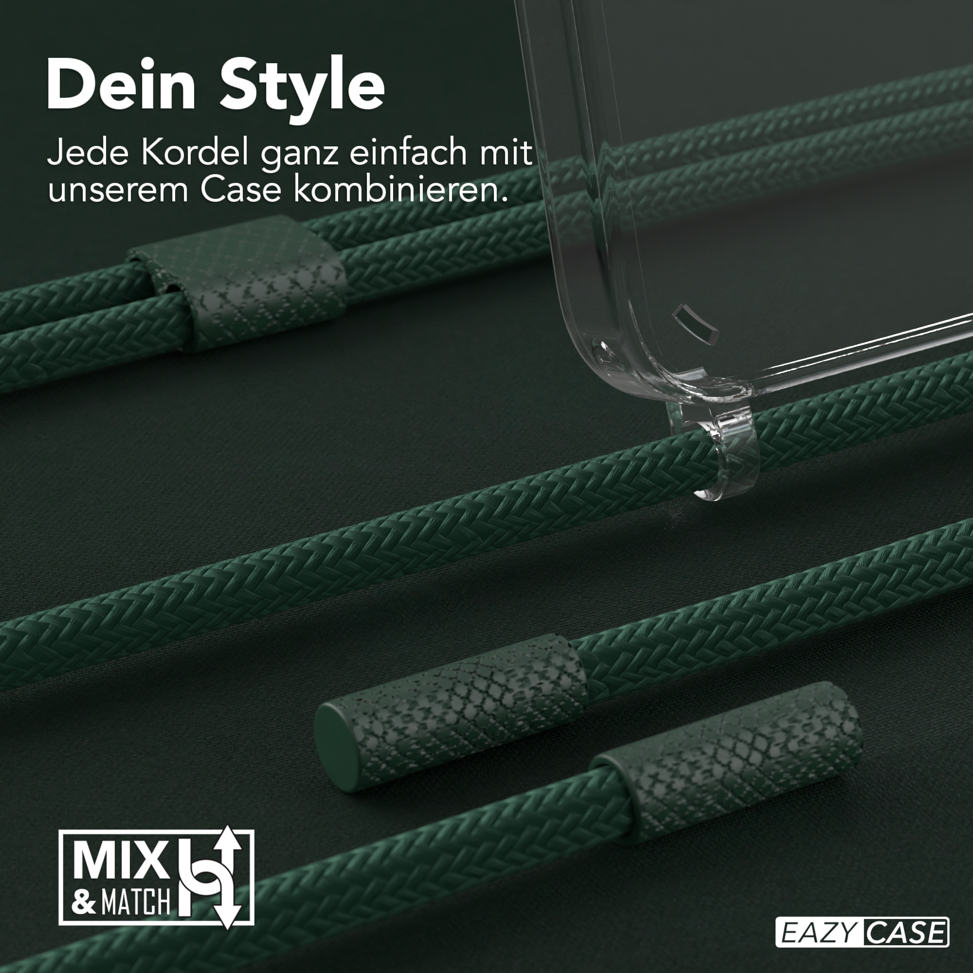 Nahaufnahme von grünen Kordeln und einer Handyhülle mit dem Text 'Dein Style' und Logo.