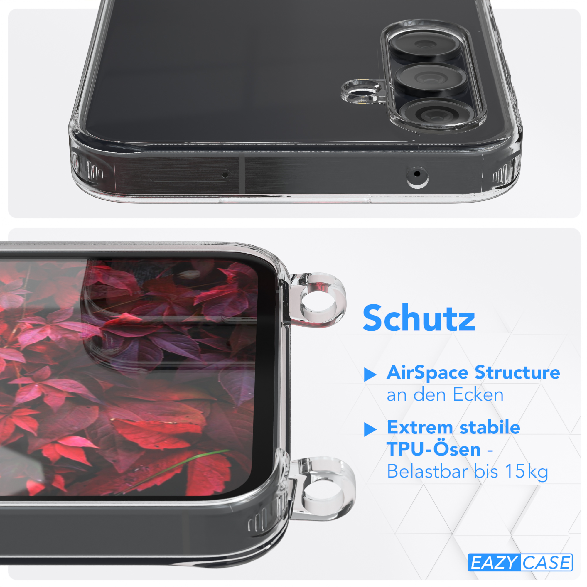 Eine Handyhülle mit Telefon. Deutscher Text ist sichtbar. Die Hülle hat ein rotes Design.