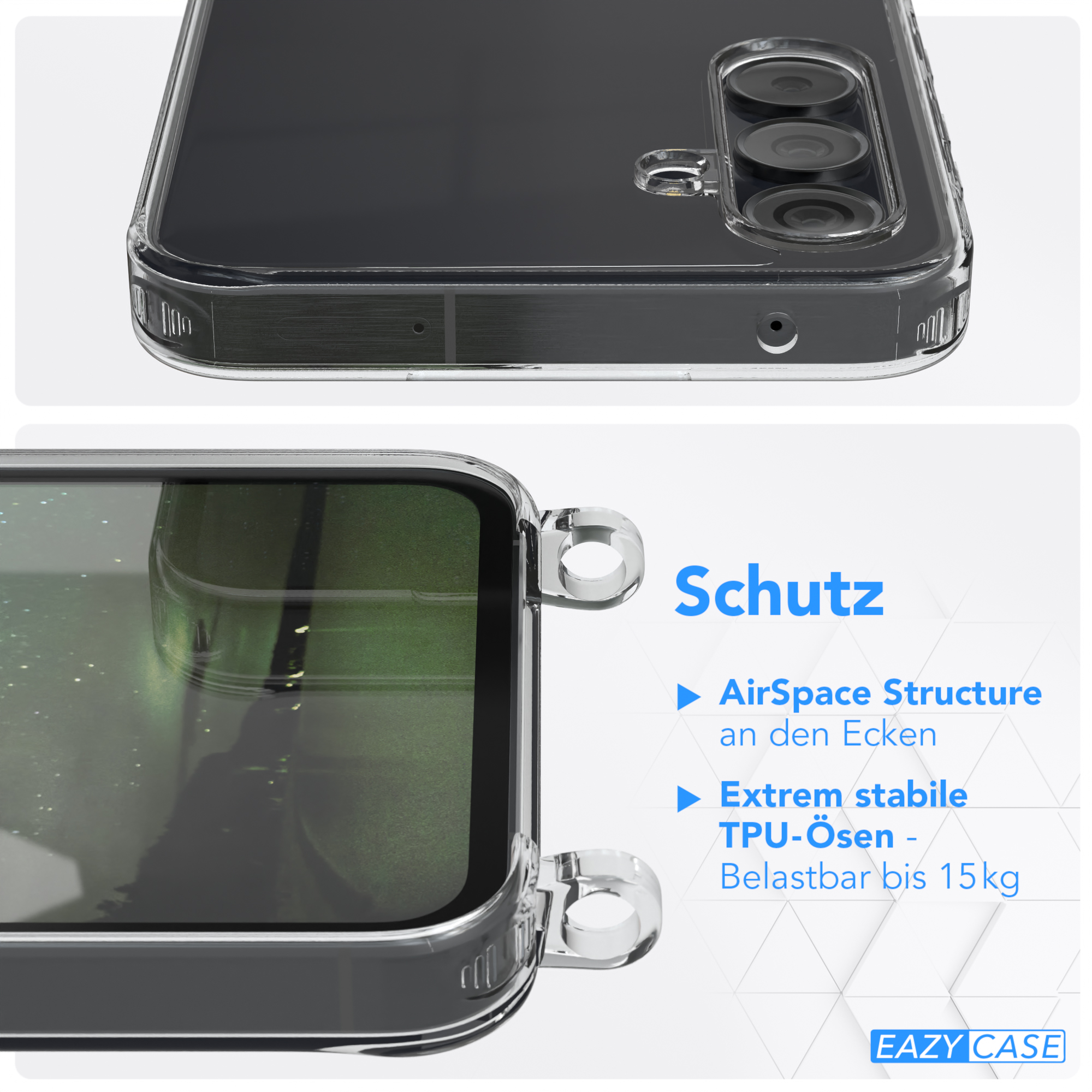 Nahaufnahme einer Handyhülle, mit dem Text 'Schutz' und Produktdetails.