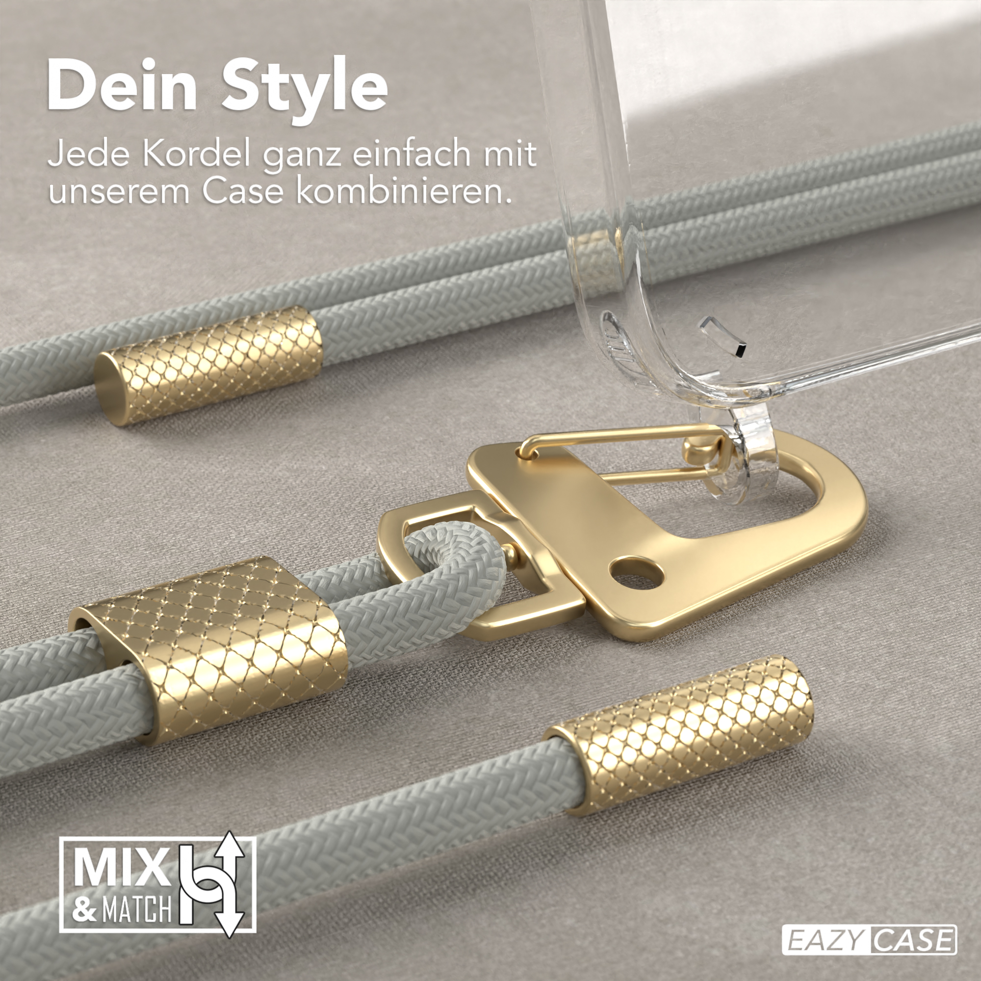 Nahaufnahme einer Handyhülle mit goldenem Verschluss und grauem, seilähnlichem Riemen. Text: Dein Style.