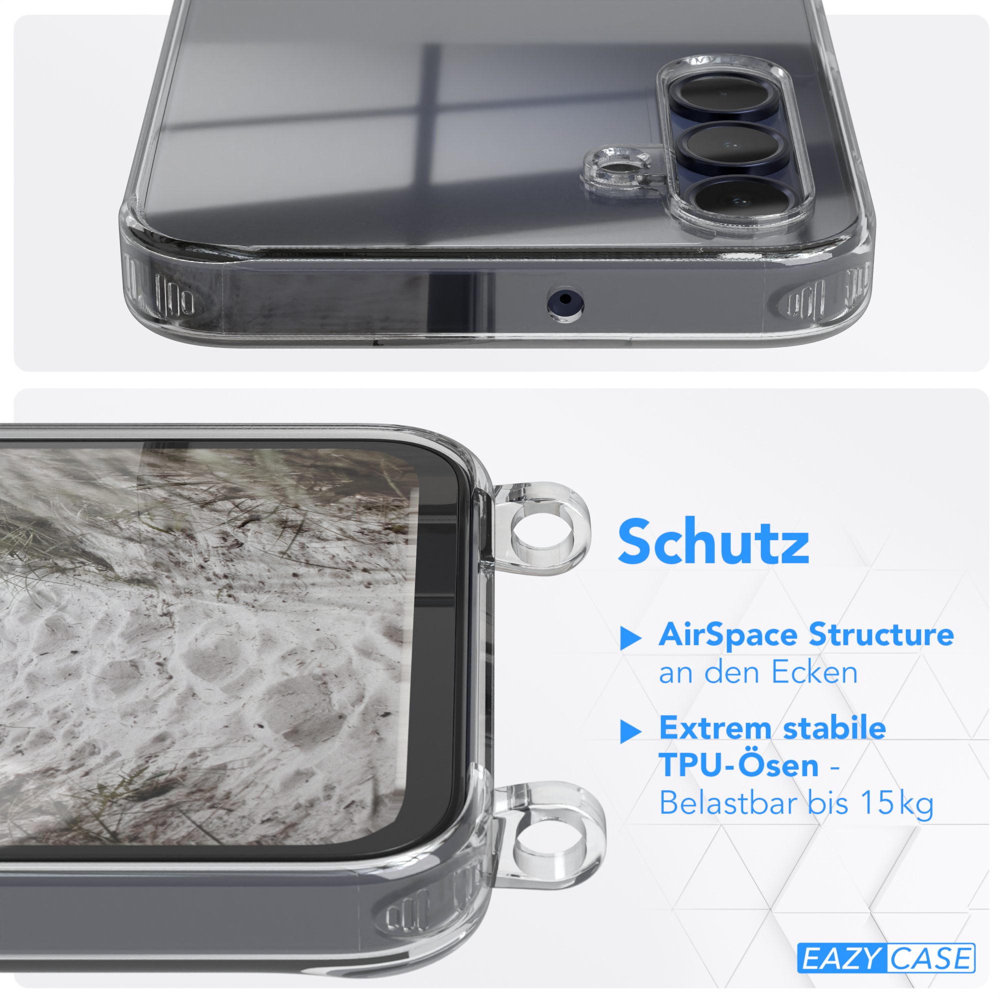 Handyhülle mit klarer Ansicht eines Telefons mit Sanddünen, Text über Schutz.