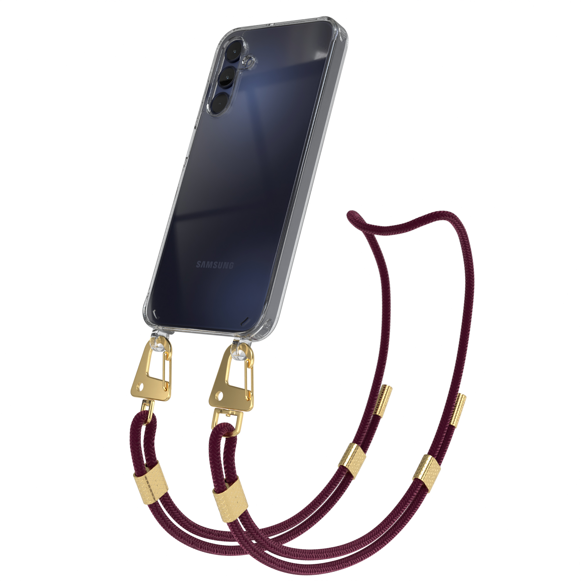 Transparente Handyhülle mit bordeauxrotem Schlüsselband. Bordeauxfarbenes Kabel ist mit goldenen Akzenten verbunden.
