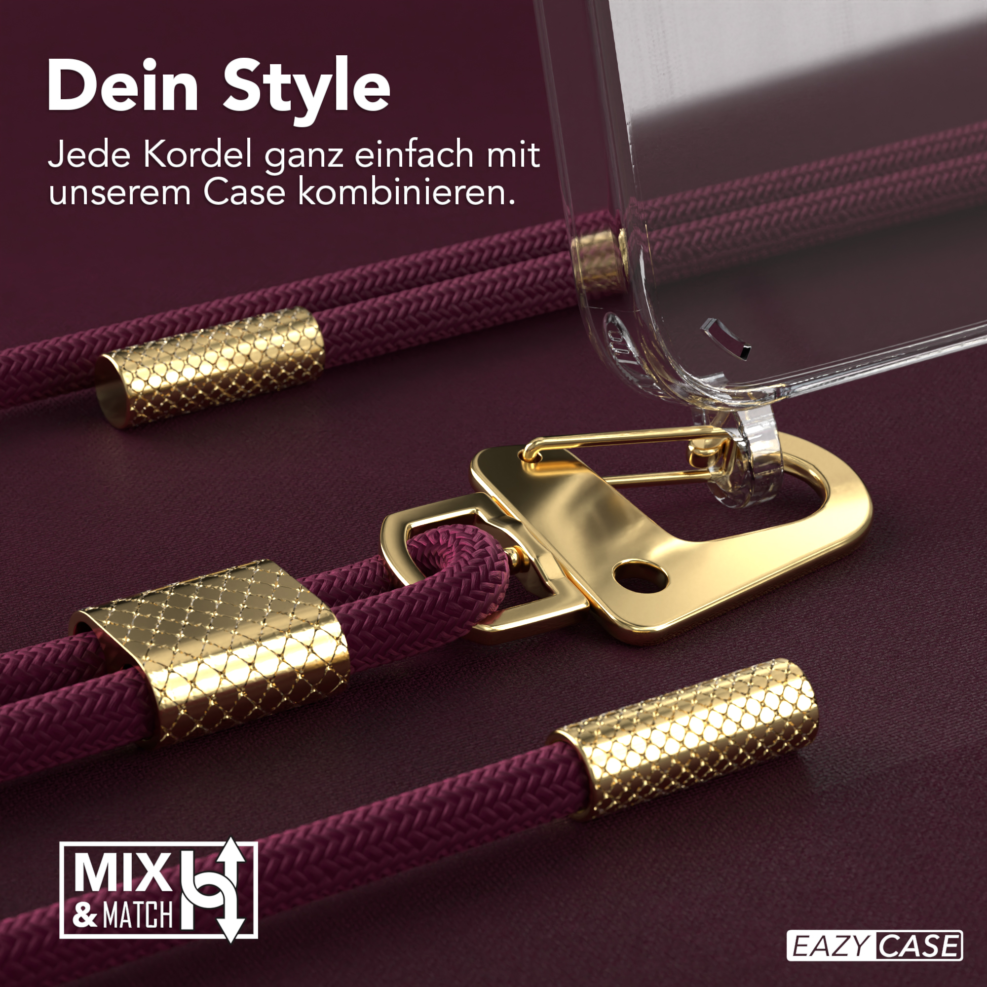 Eine Handyhülle mit bordeauxfarbenen Kordeln und goldenen Details. Die Hülle hat eine transparente Rückseite.