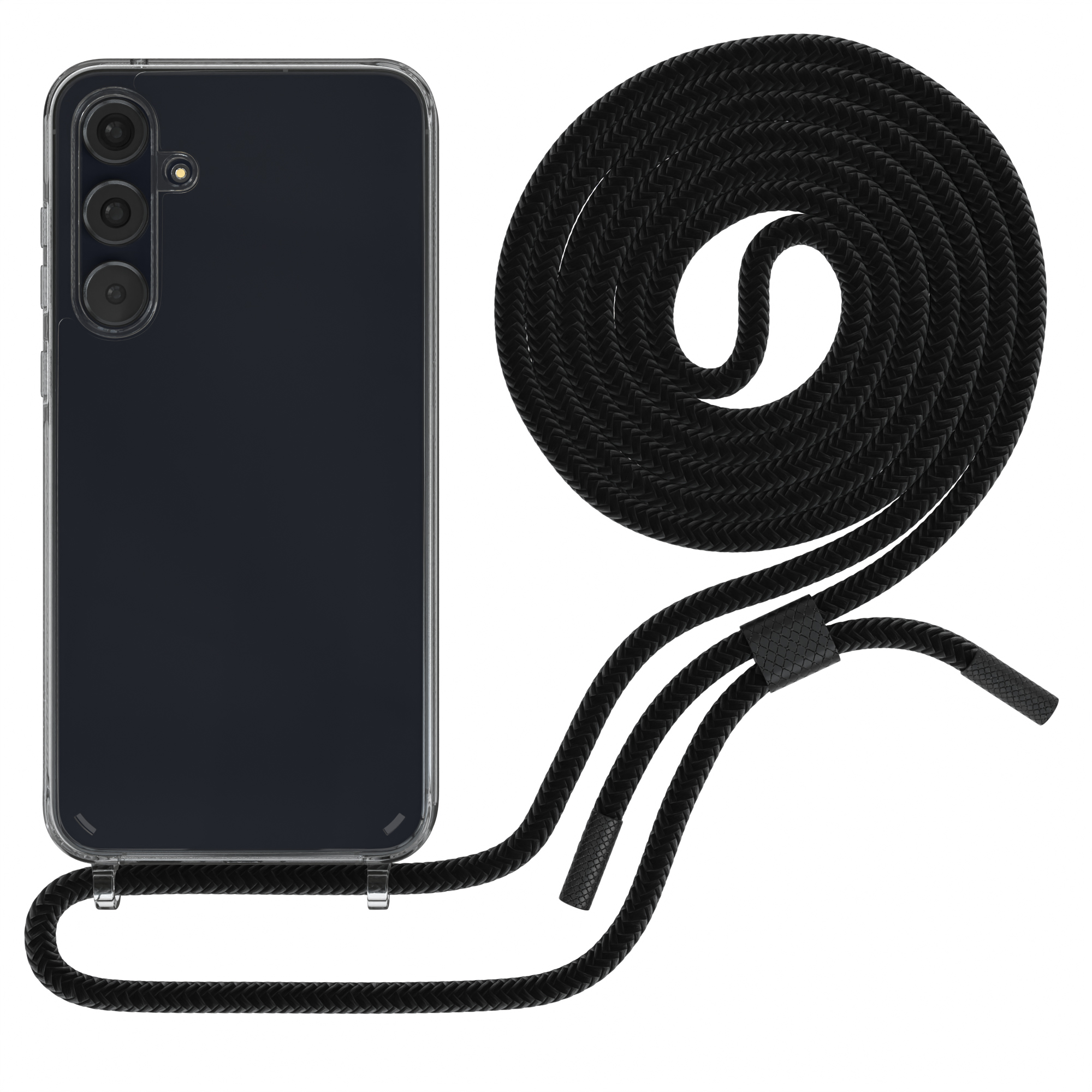 Schwarzes Telefon mit transparenter Hülle und schwarzem Umhängeband. Weißer Hintergrund.