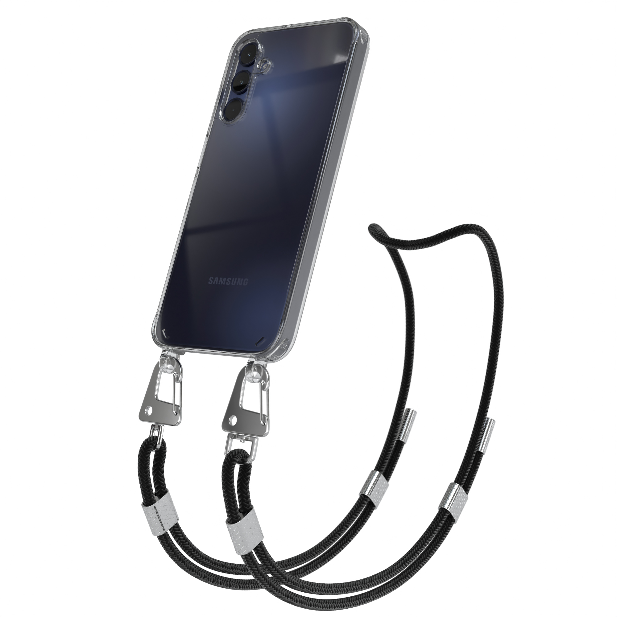 Transparente Handyhülle mit schwarzem Umhängeband. Das Telefon hat drei Kameras.
