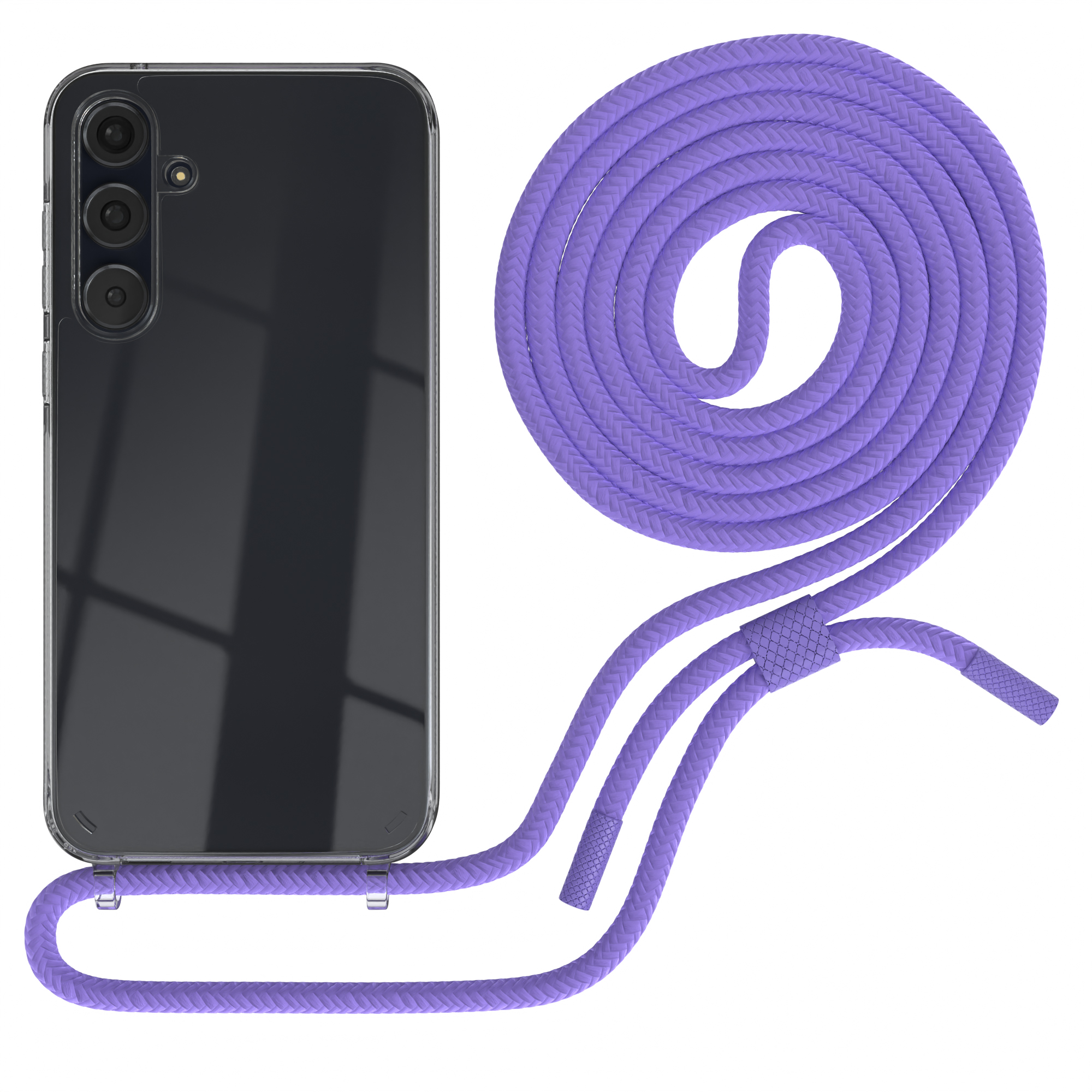 Eine transparente Handyhülle mit lila Seilriemen. Das Telefon ist dunkel.