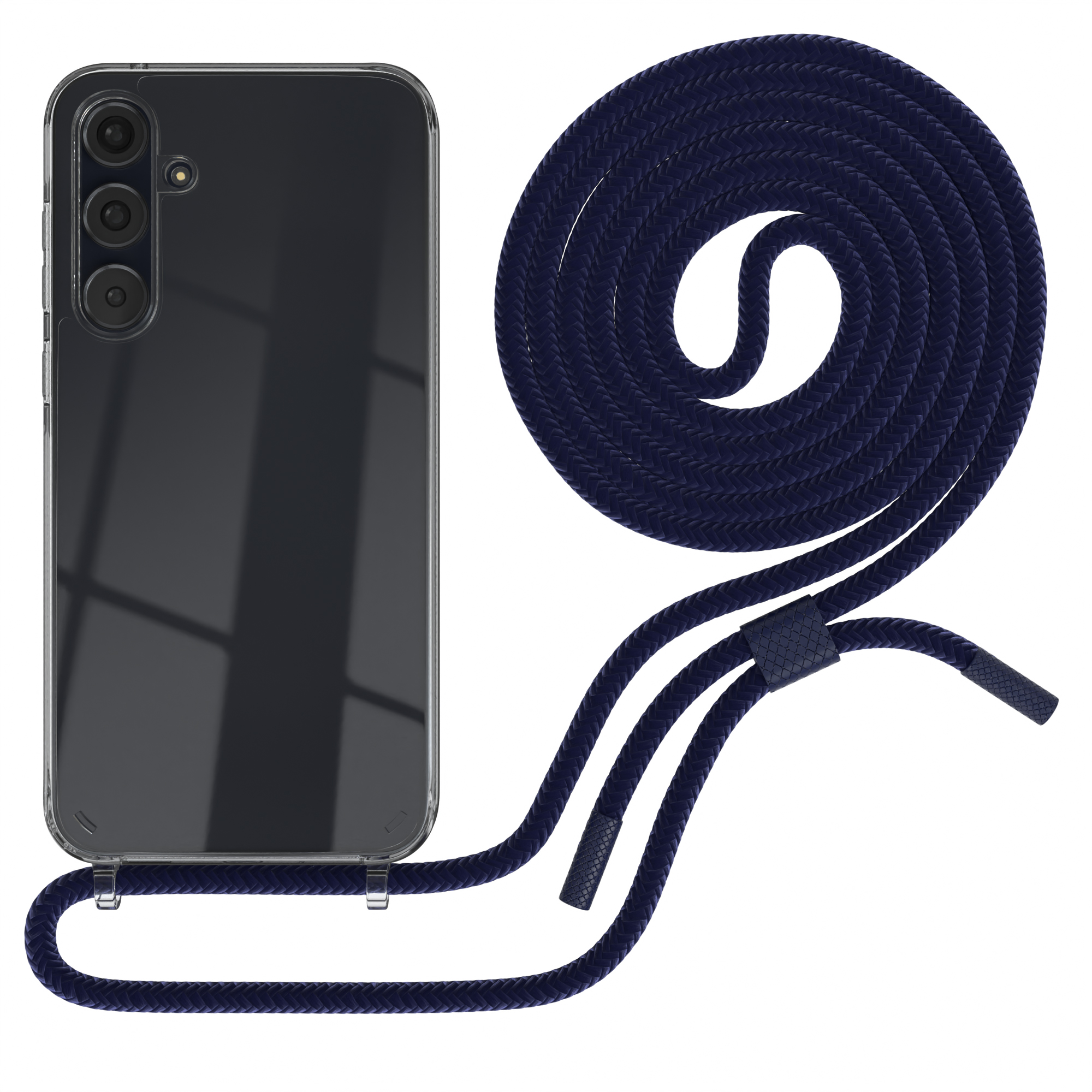 Eine transparente Handyhülle mit einem dunkelblauen Telefonband. Das Telefon ist schwarz, mit Dreifachkamera.
