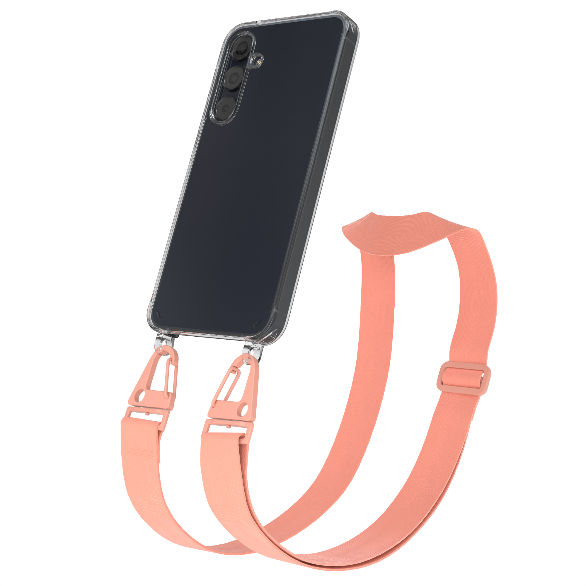 Transparente Handyhülle mit Pfirsichband. Das Telefon ist schwarz und das Band ist unten befestigt.