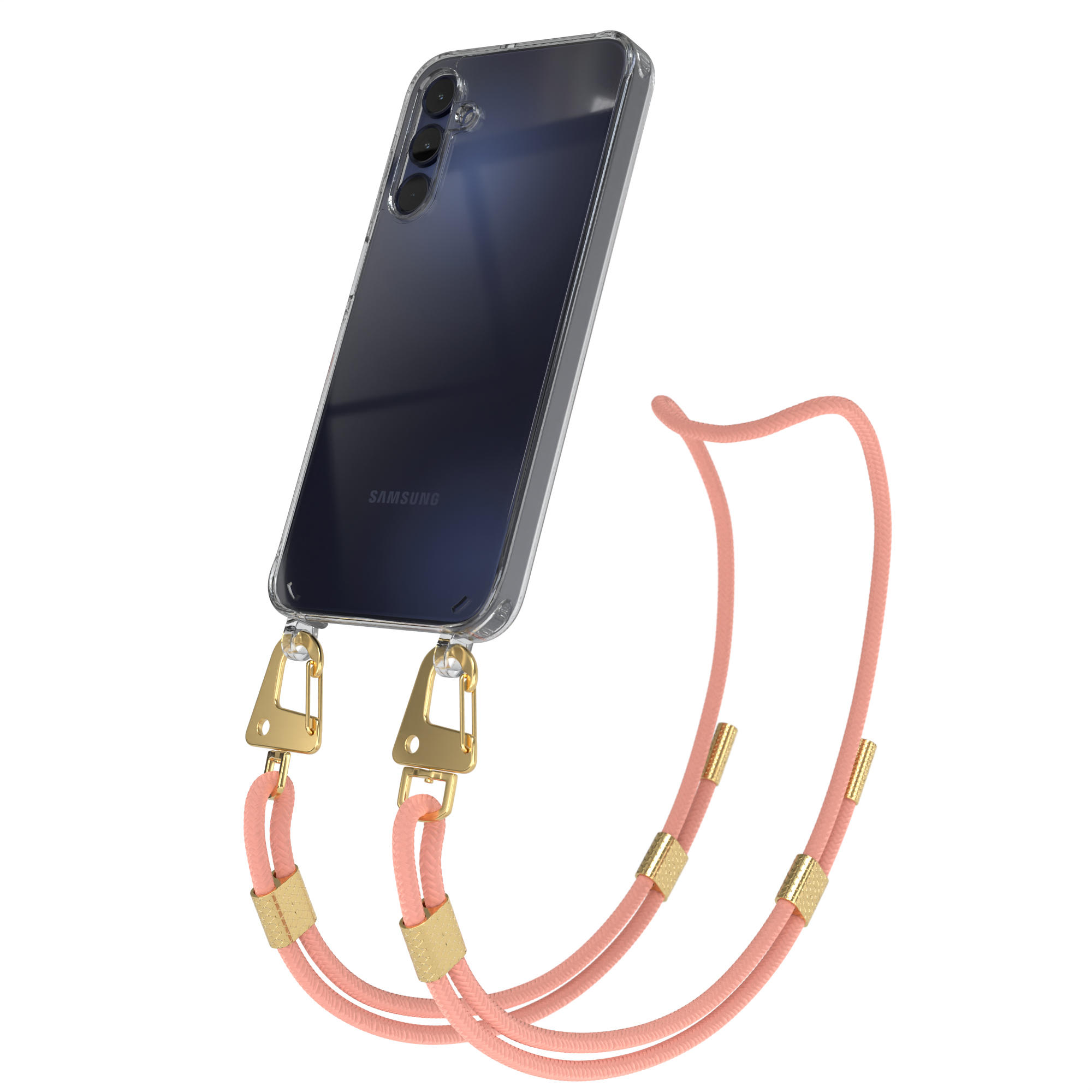 Transparente Handyhülle mit rosa Kordel. Das Telefon ist schwarz, die Kordel rosa mit goldenen Akzenten.