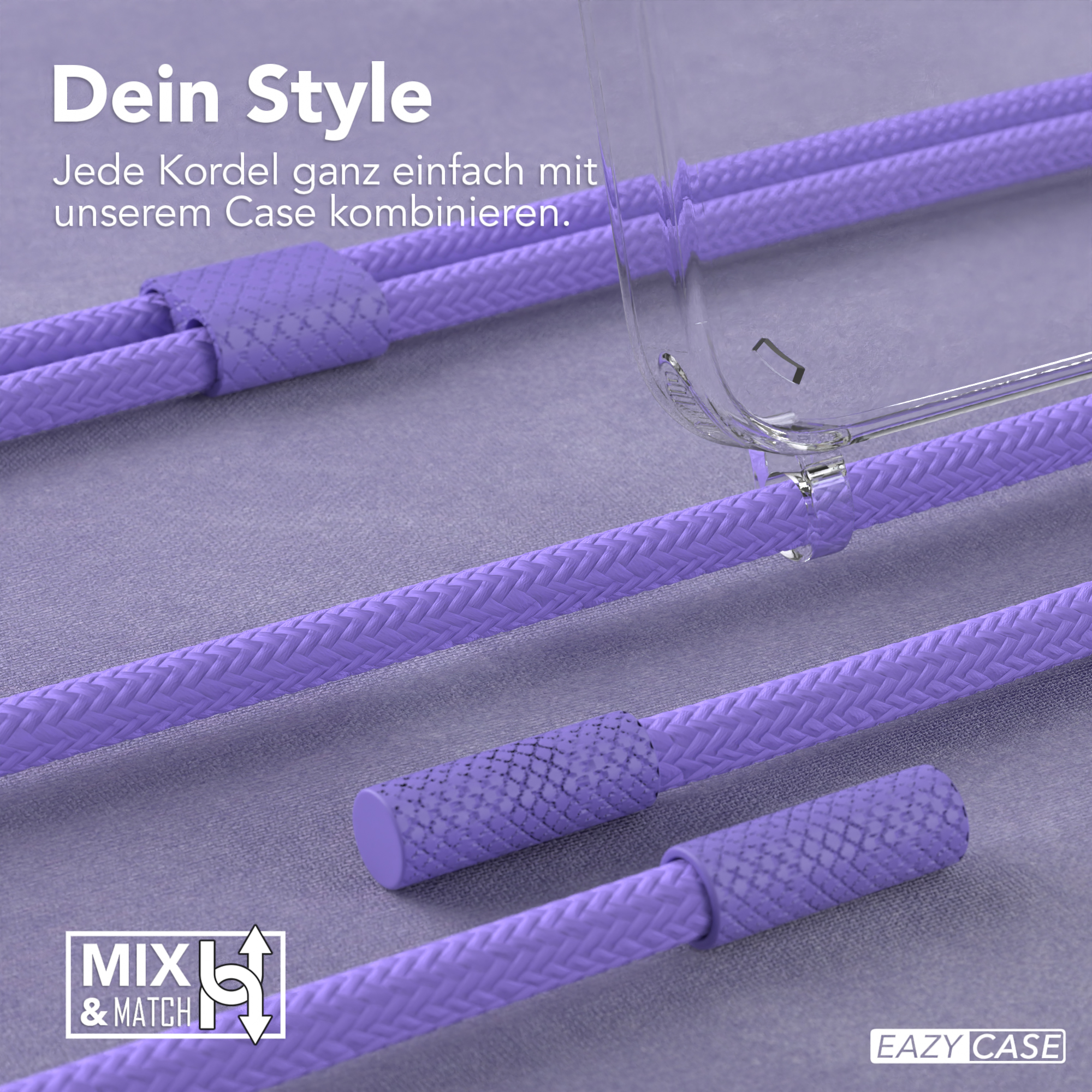 Mehrere Kordeln in Lila auf grauem Untergrund, mit einer Handyhülle.