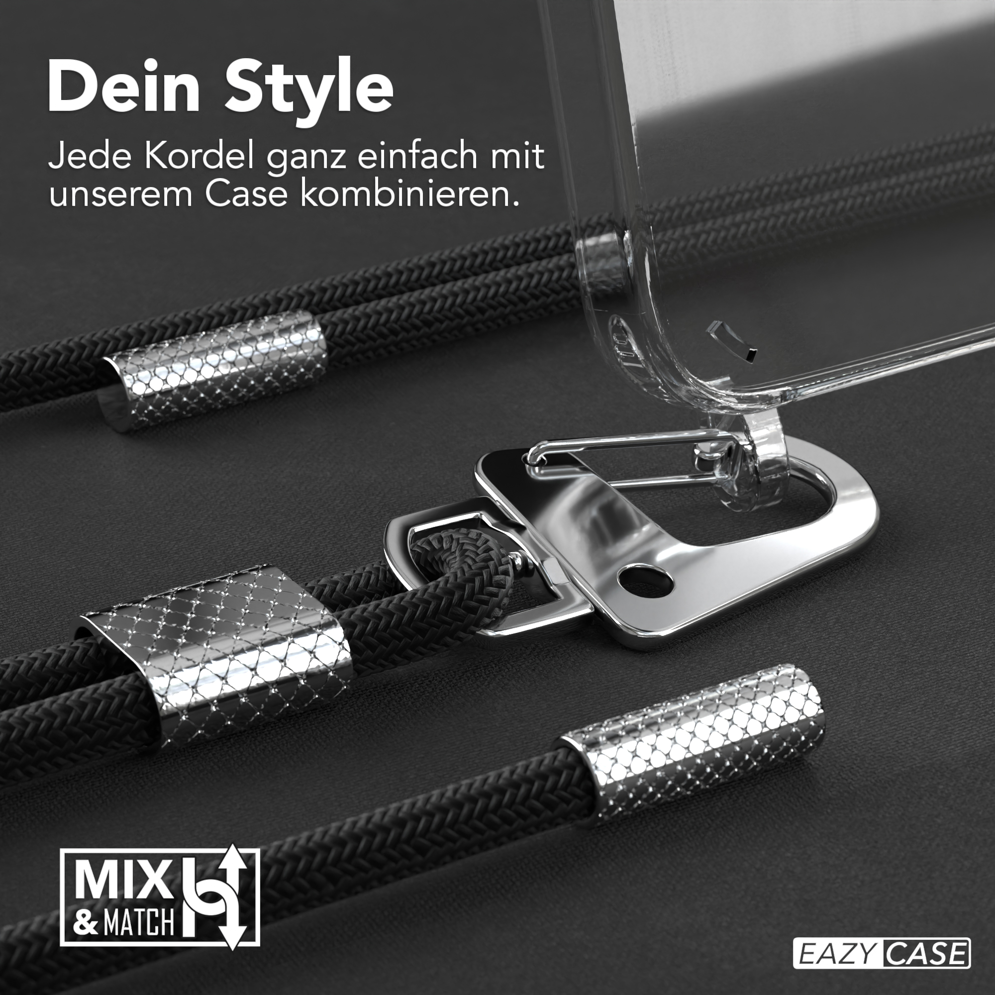Nahaufnahme eines schwarzen Handykabels und einer transparenten Handyhülle.