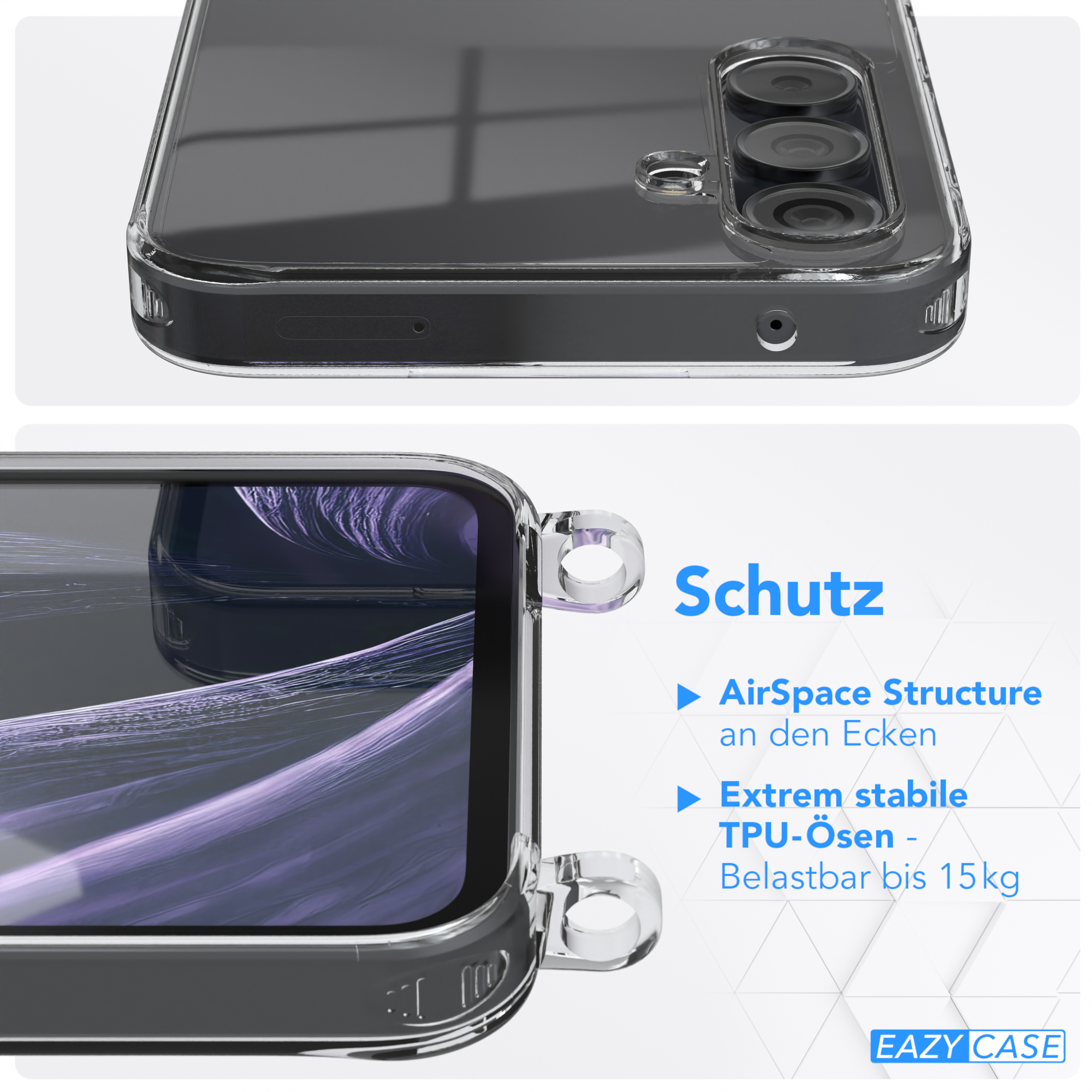 Eine transparente Handyhülle mit einem Telefon darin. Die Hülle hat Aussparungen für Kamera und Anschlüsse, mit Text.