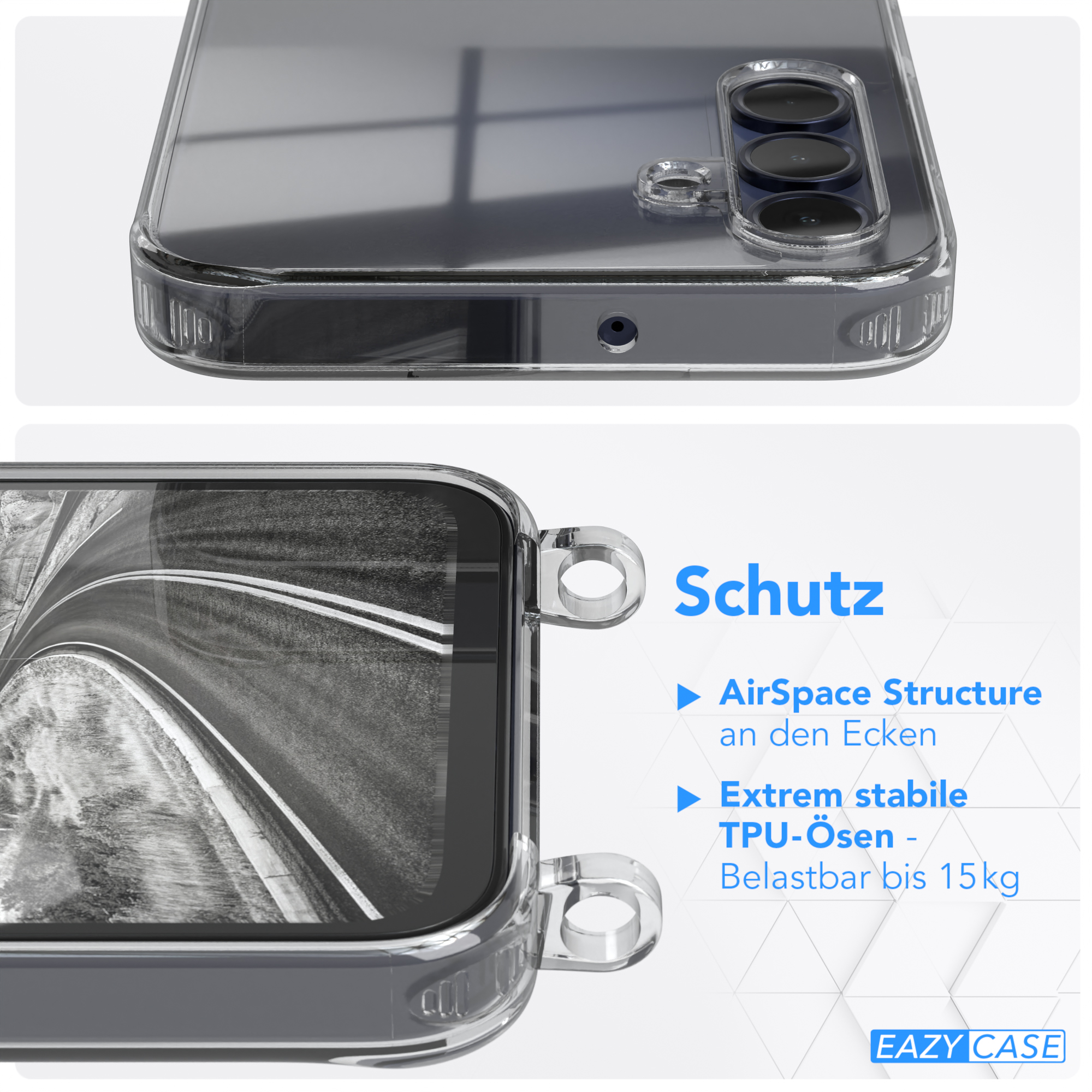 Klar Handyhülle, zeigt Kameralinsen. Text: AirSpace Structure, Extrem stabile TPU-Ösen.