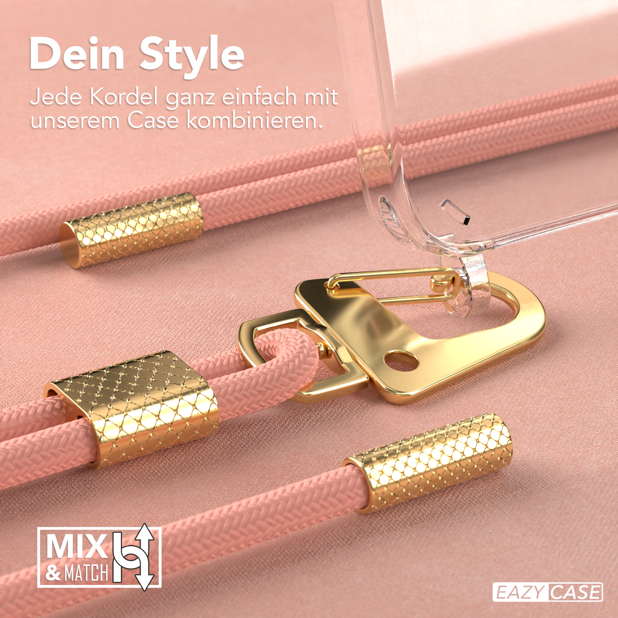 Eine transparente Handyhülle mit rosa Riemen und goldenen Verschlüssen. Text: Mix & Match, Dein Style.