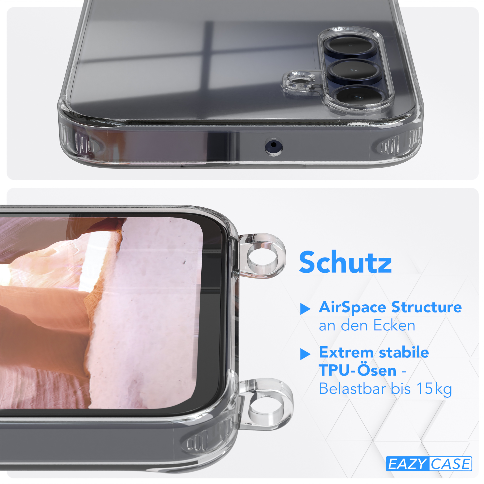 Transparente Handyhülle mit Telefon, Rückseite und Seite zeigend, mit Text über Schutz.