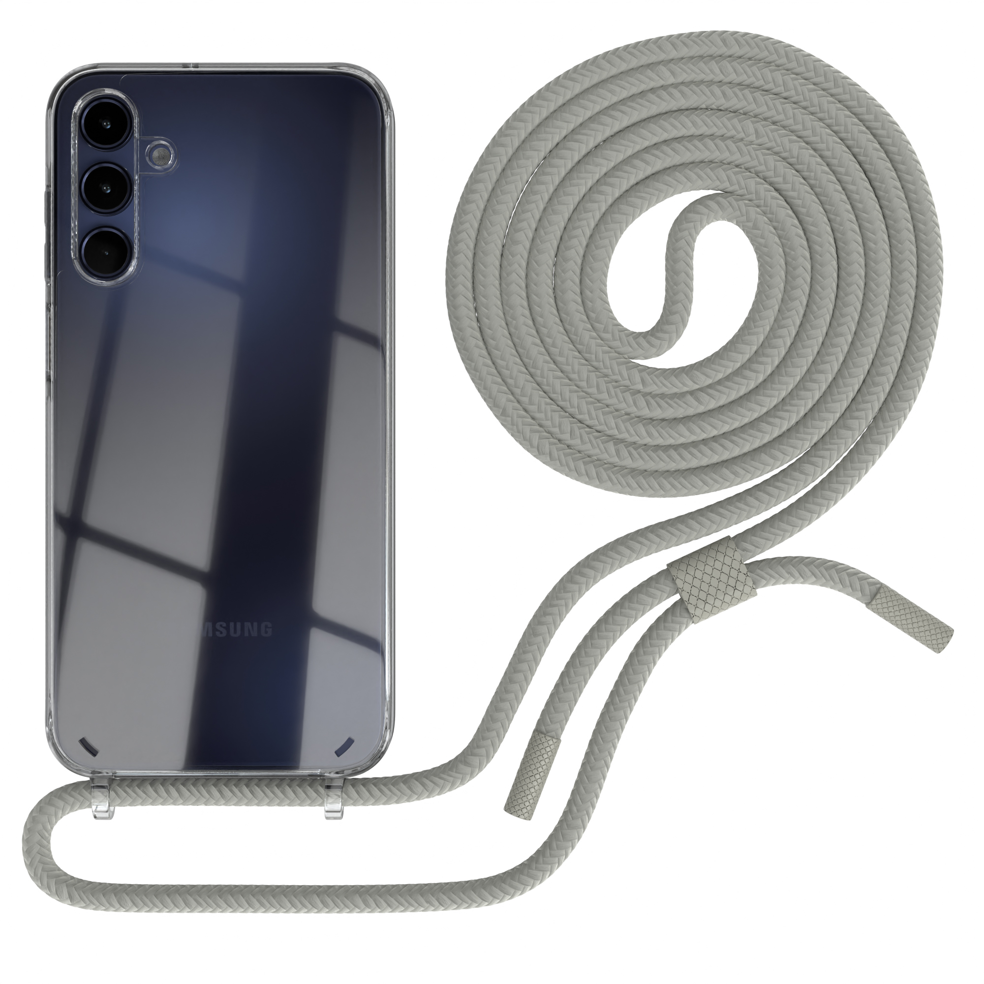 Transparente Handyhülle mit grauem Lanyard. Telefon ist schwarz. Weißer Hintergrund.