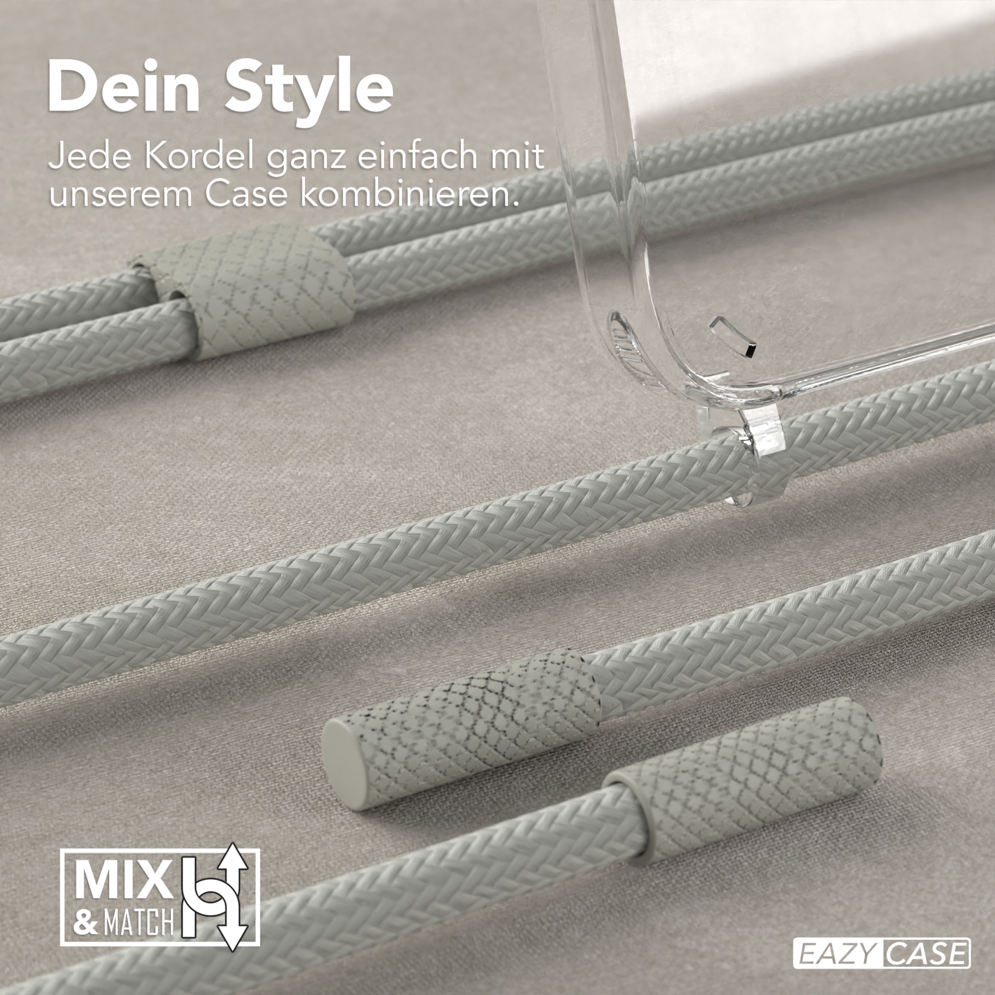 Nahaufnahme von grauen Kordeln und einer transparenten Handyhülle, Mix & Match.