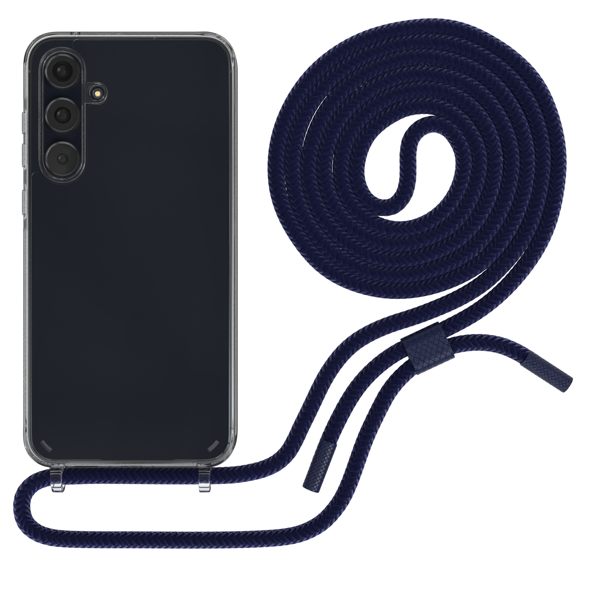 Ein Telefon mit klarer Hülle und marineblauem Riemen hängt vor weißem Hintergrund. Marineblauer Riemen geflochten.