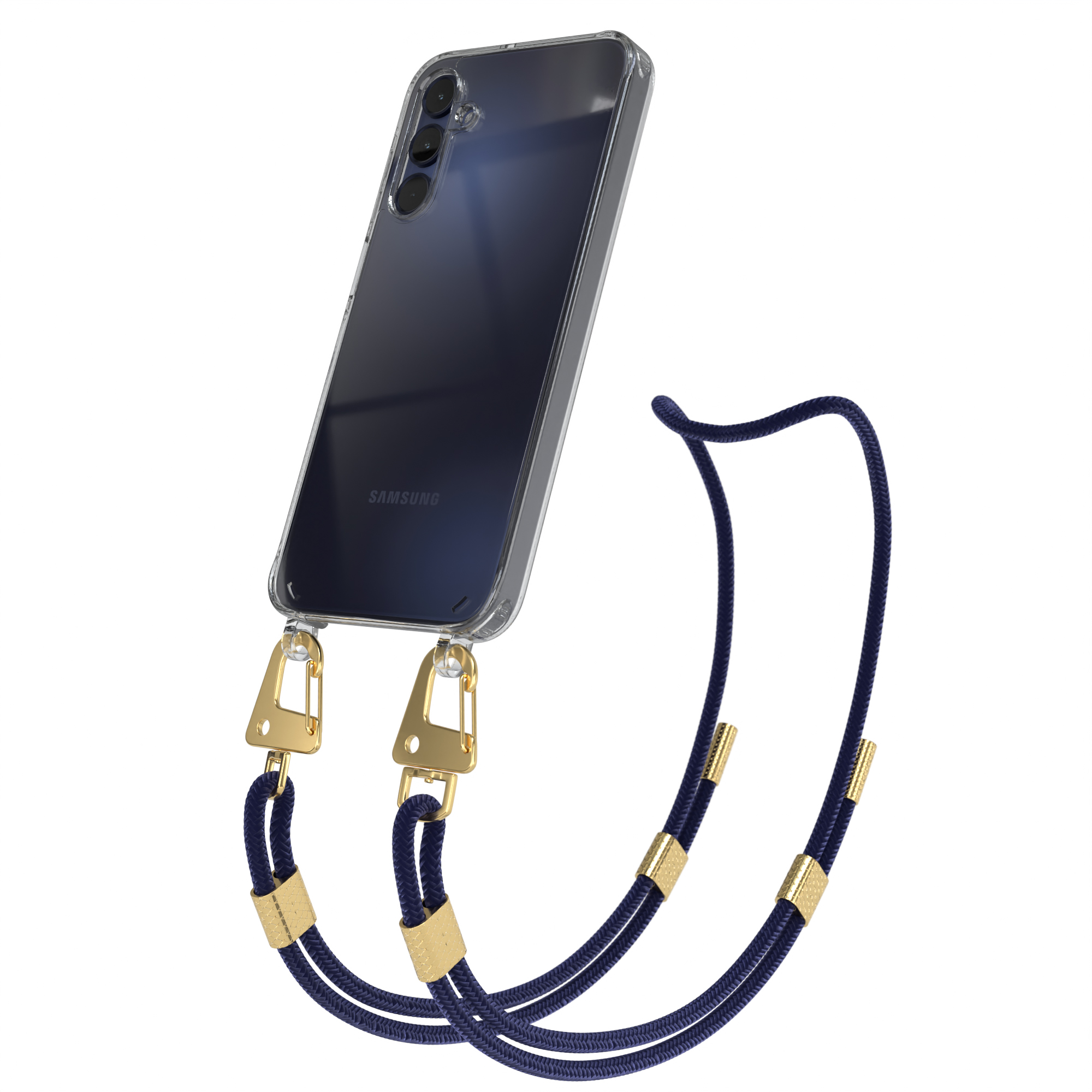 Transparente Handyhülle auf einem Telefon mit marineblauem Kabel. Das Kabel hat goldene Akzente und Haken.