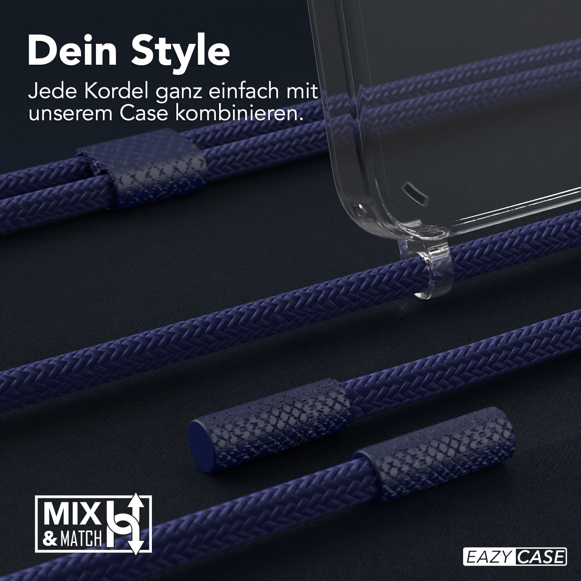 Nahaufnahme einer Handyhülle und einer blauen Kordel. Die Kordel ist gewebt, mit einer transparenten Hülle.