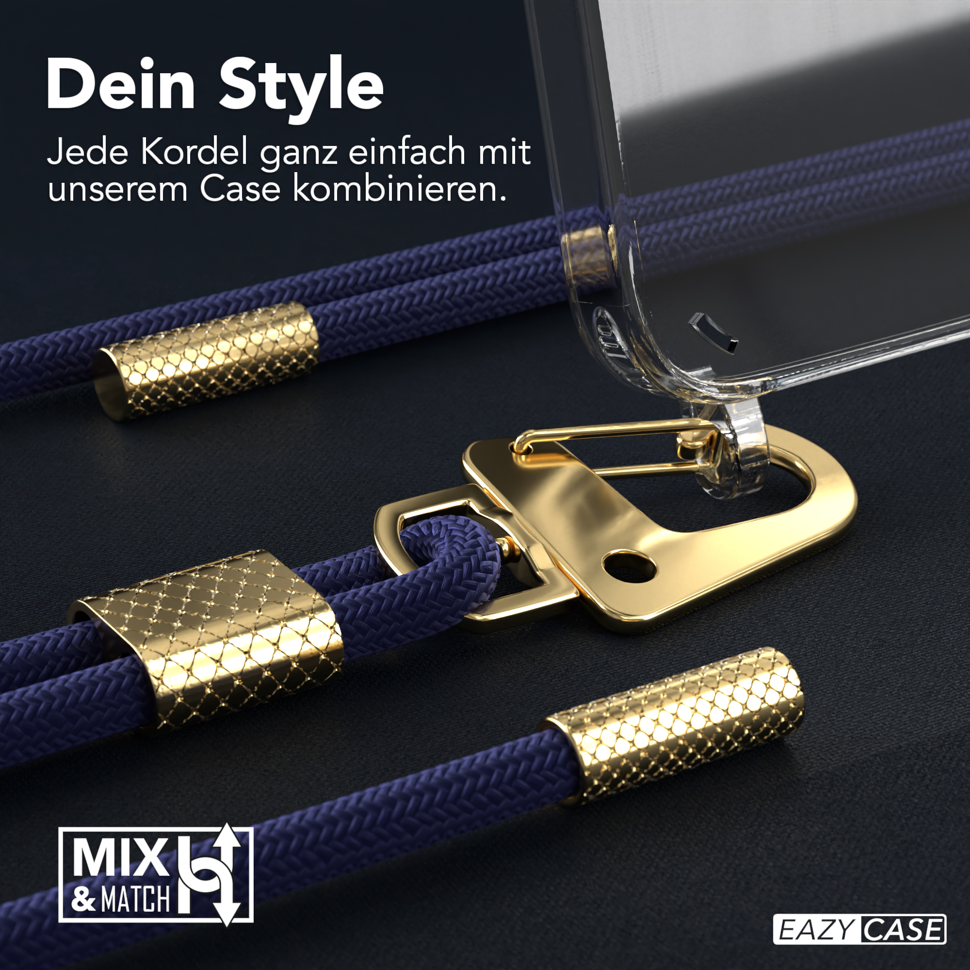 Nahaufnahme einer Handyhülle mit blauem Kordel und goldenen Akzenten.