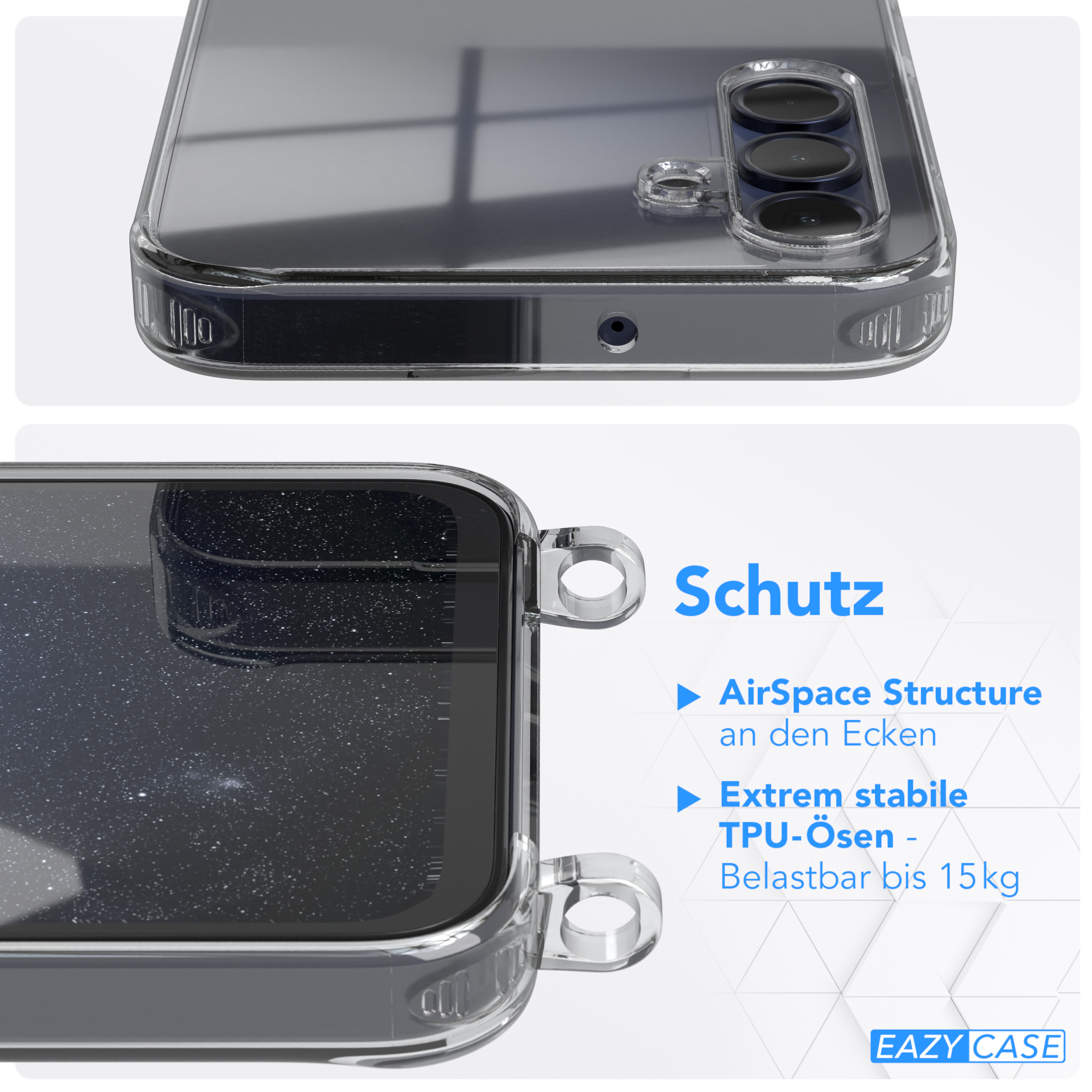 Transparente Handyhülle mit Merkmalen: AirSpace-Struktur und TPU-Schutz.