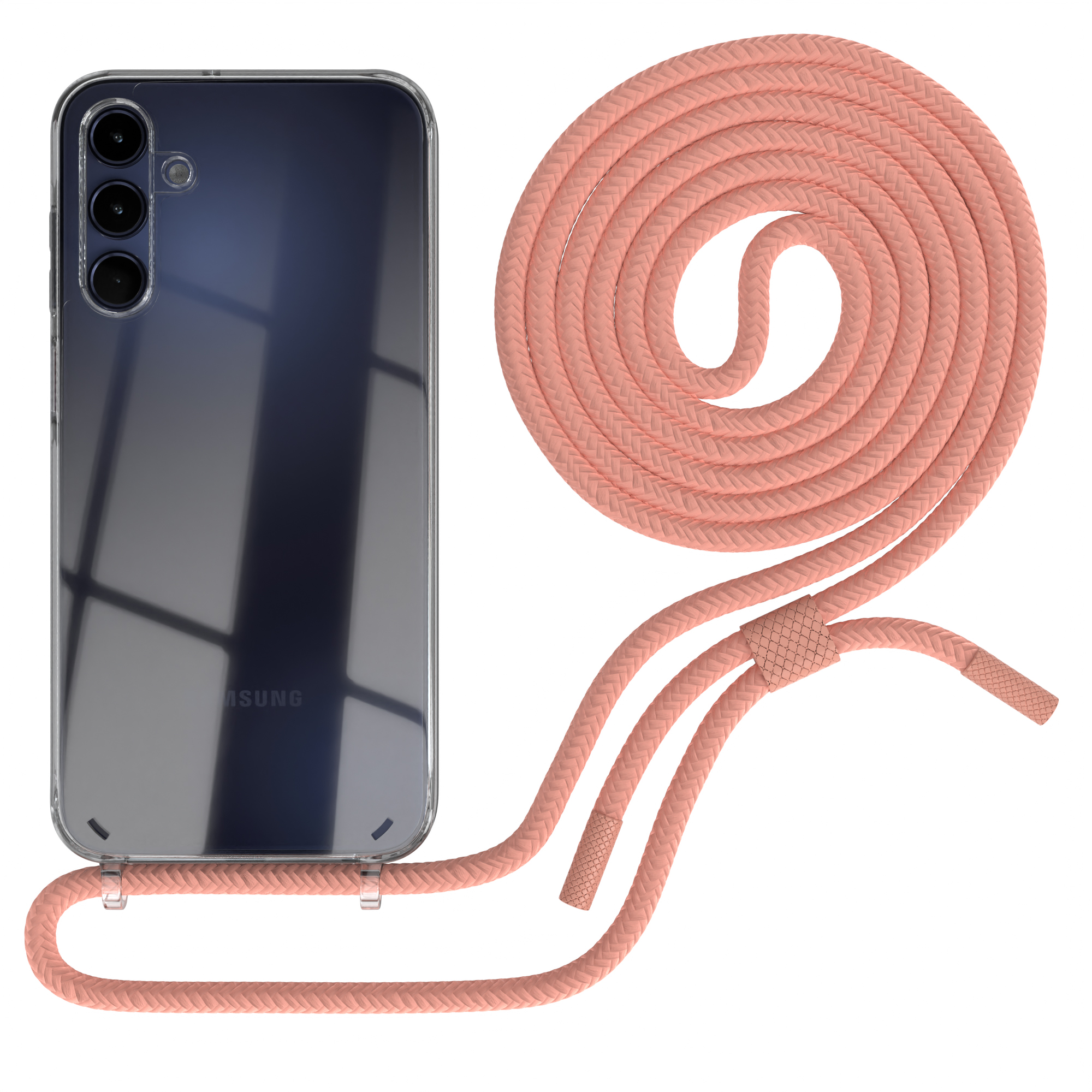 Telefon in Hülle, mit rosa Seil. Weißer Hintergrund.