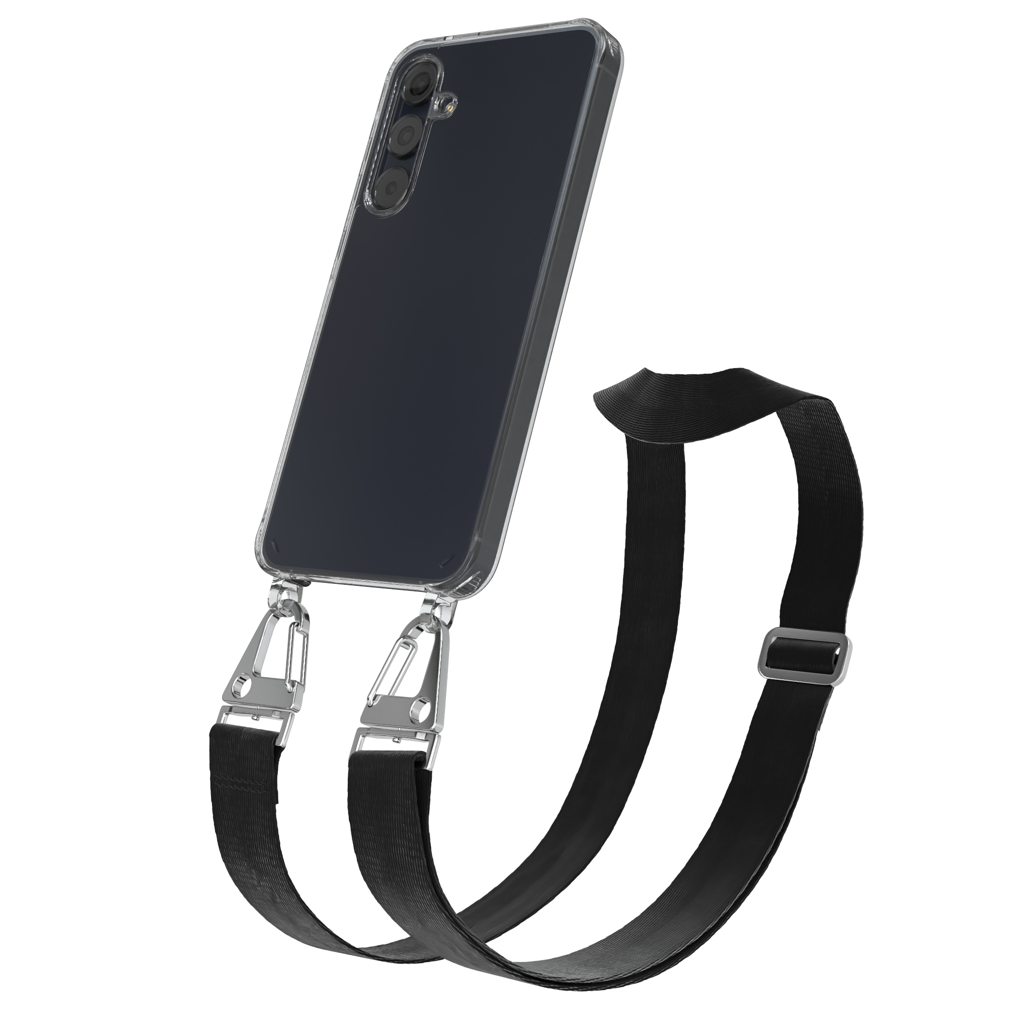 Transparente Handyhülle mit schwarzem Riemen. Das Telefon hat mehrere Kameras.