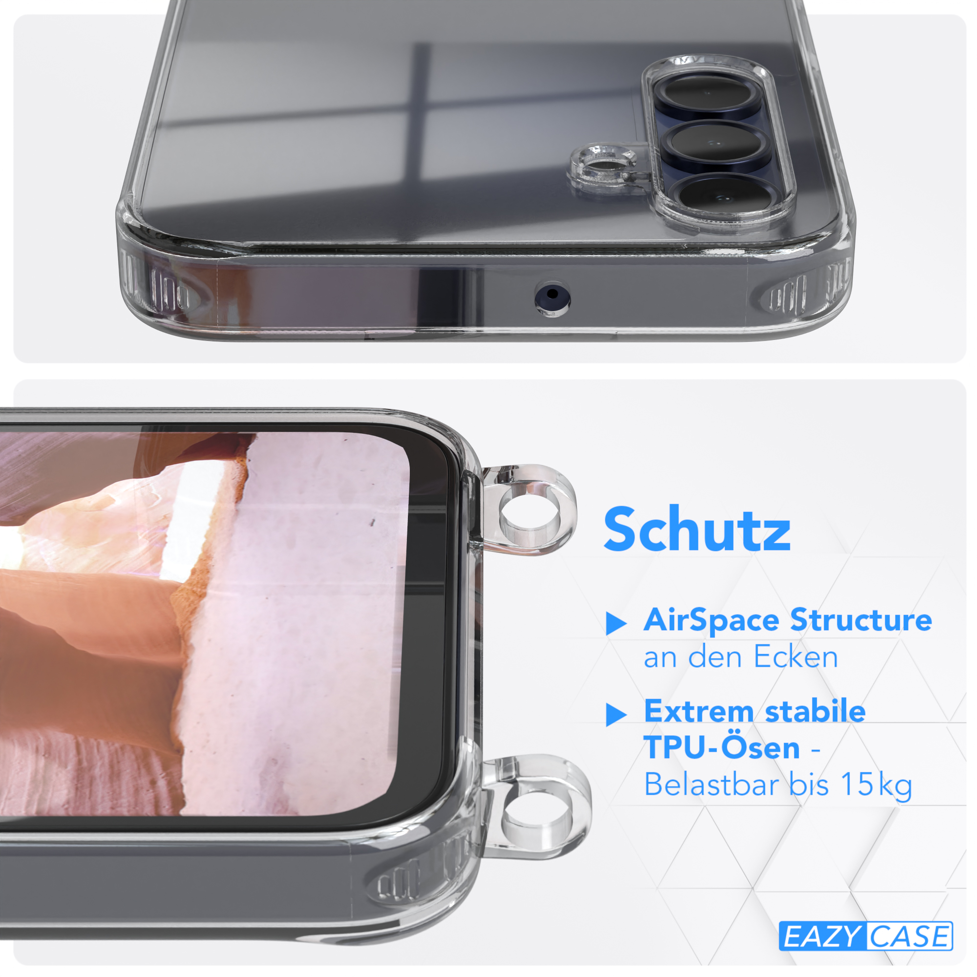 Transparente Handyhülle mit Telefon, zeigt Merkmale wie AirSpace-Struktur und TPU.