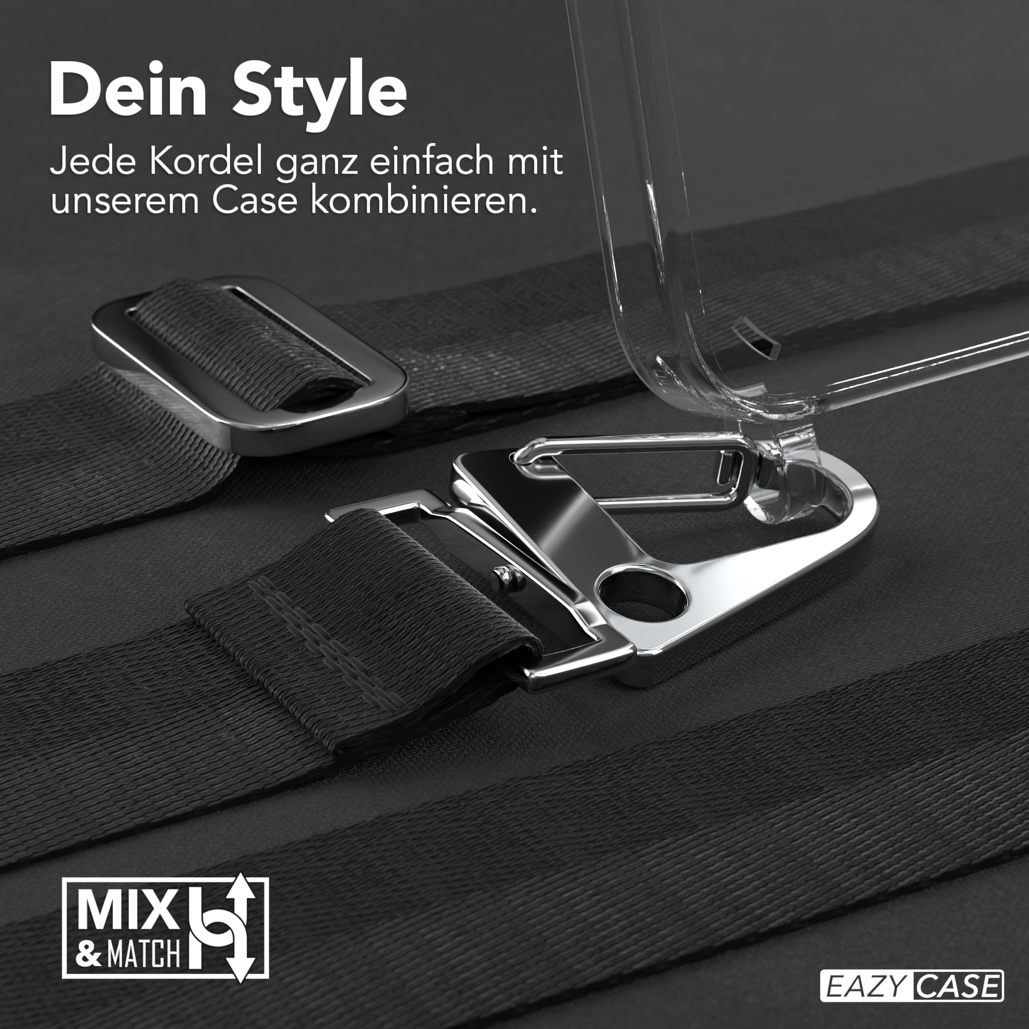 Schwarze und silberne Riemen und Schnalle, plus eine transparente Handyhülle. Text: Kombinieren Sie jede Kordel mit unserem Case.