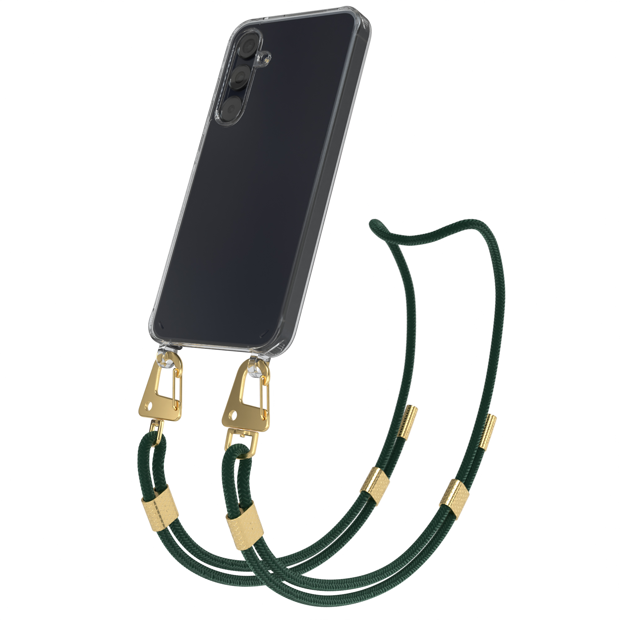 Schwarzes Telefon in transparenter Hülle mit grünem Riemen. Goldene Verschlüsse befestigen den Riemen.
