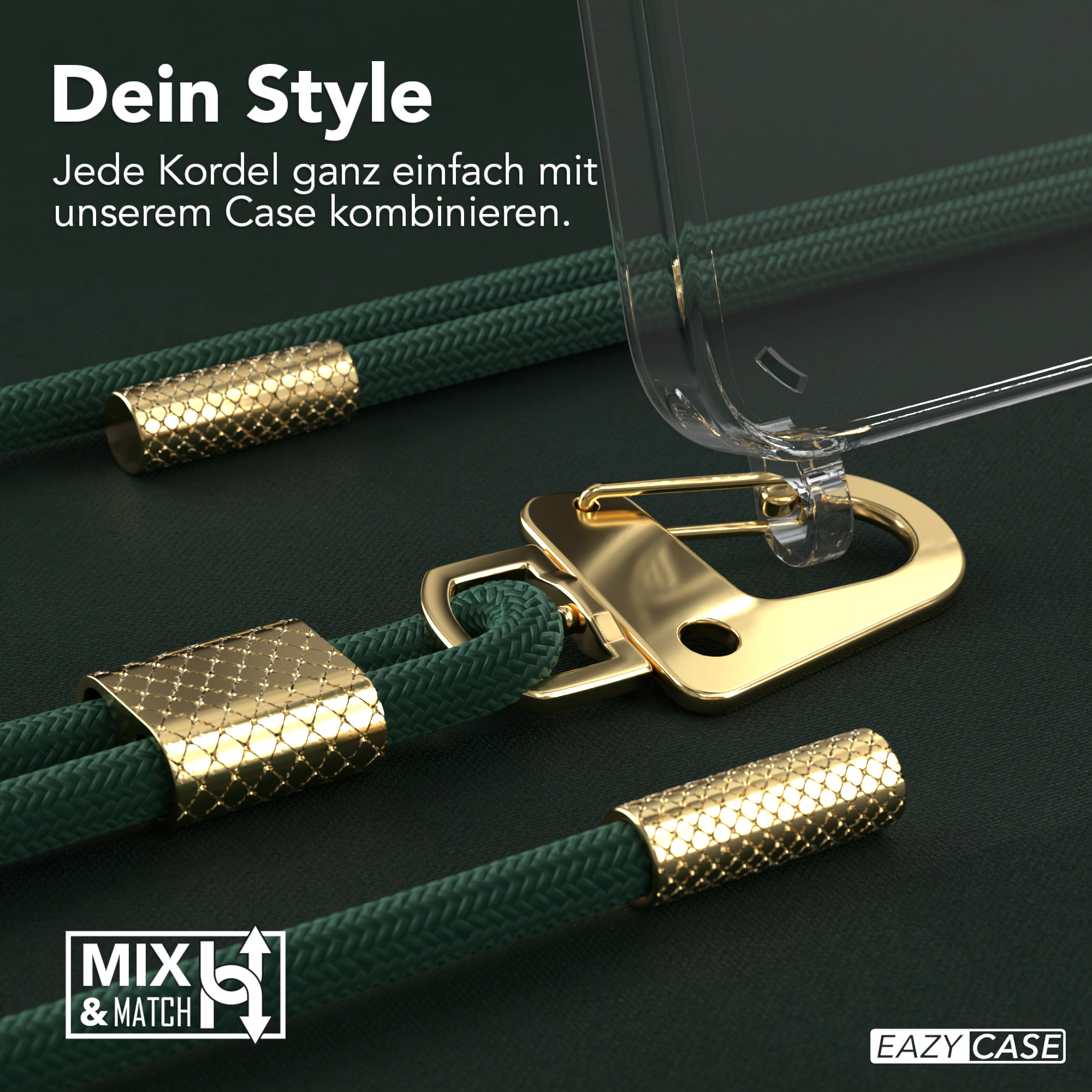 Eine transparente Handyhülle mit grünem Riemen und goldenen Verschlüssen. Text: Mix & Match, Dein Style.