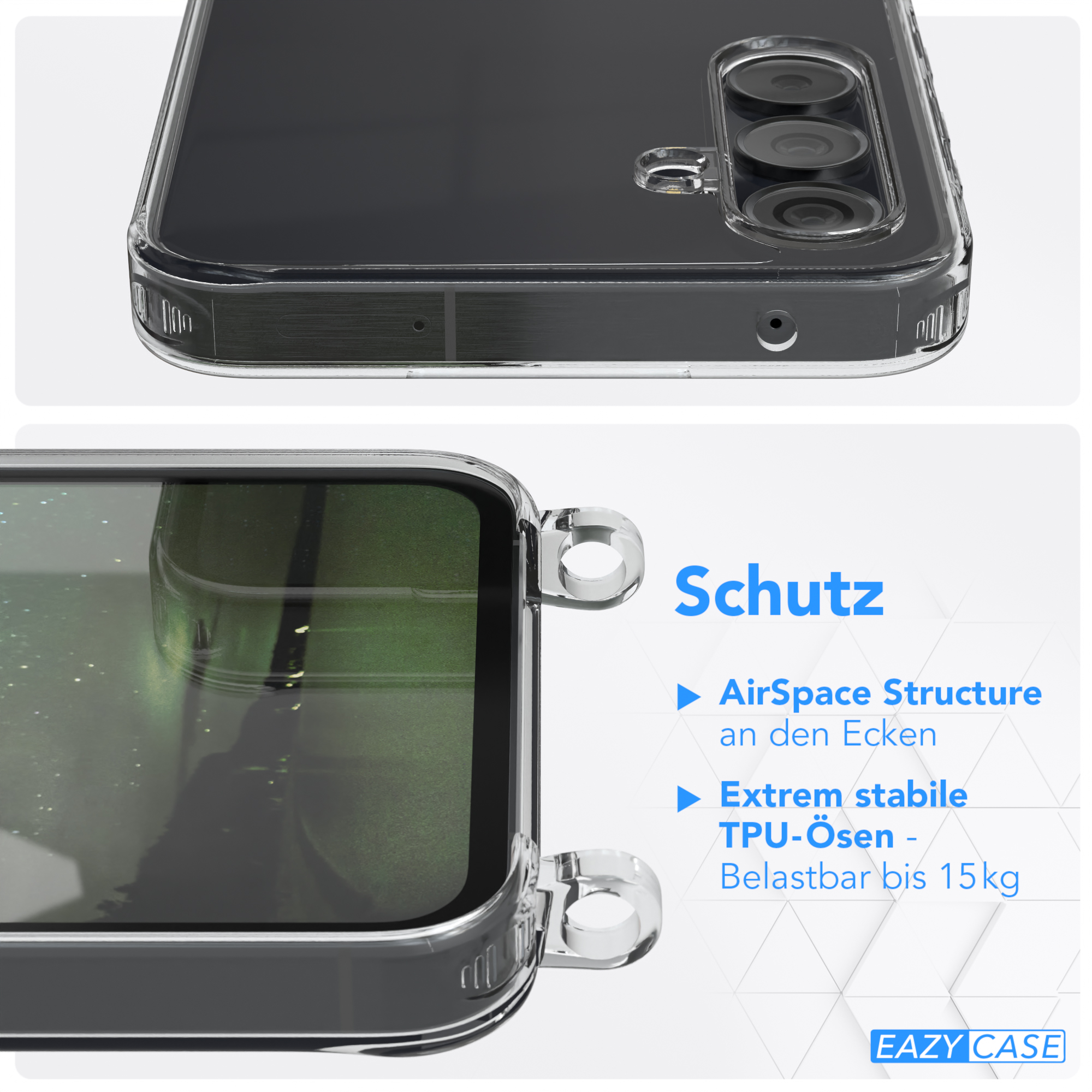 Nahaufnahme einer Handyhülle, die das Telefon und die Eigenschaften der Hülle mit Text zeigt.