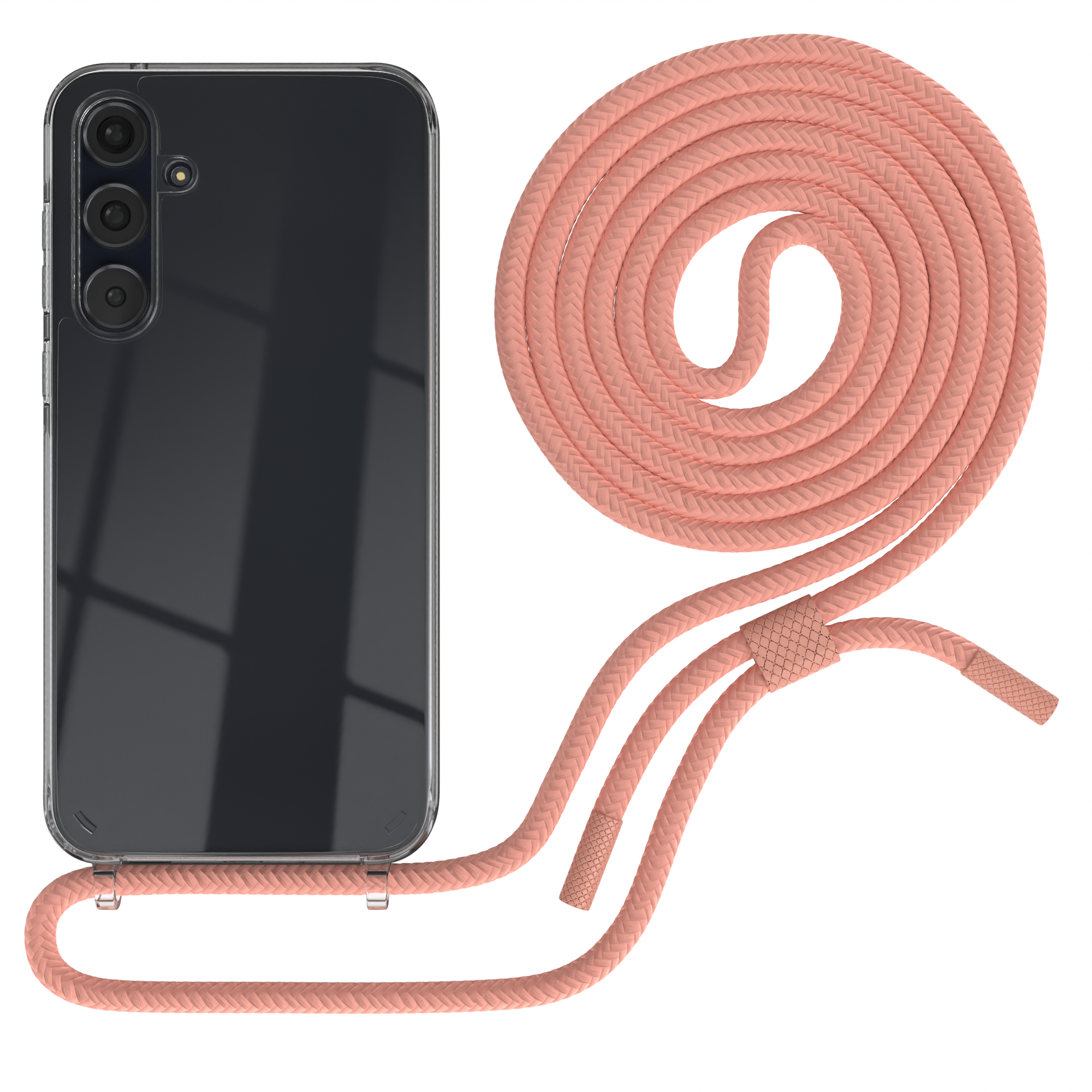 Telefon in klarer Hülle mit rosa Seilriemen, auf weißem Hintergrund.