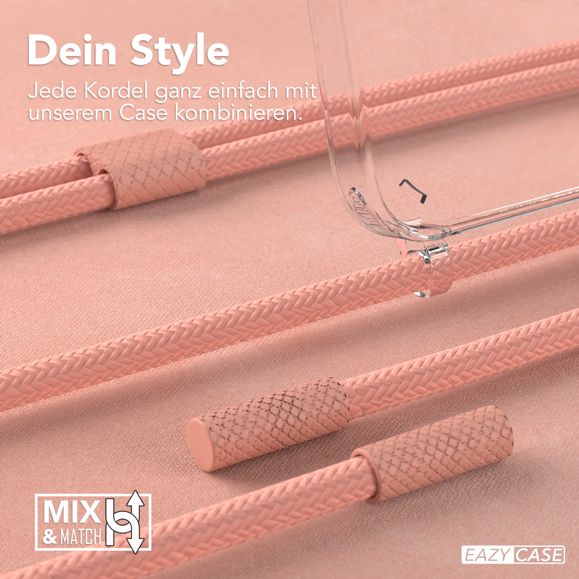Rosafarbene geflochtene Kordeln mit einer transparenten Handyhülle, zum Mixen und Anpassen.
